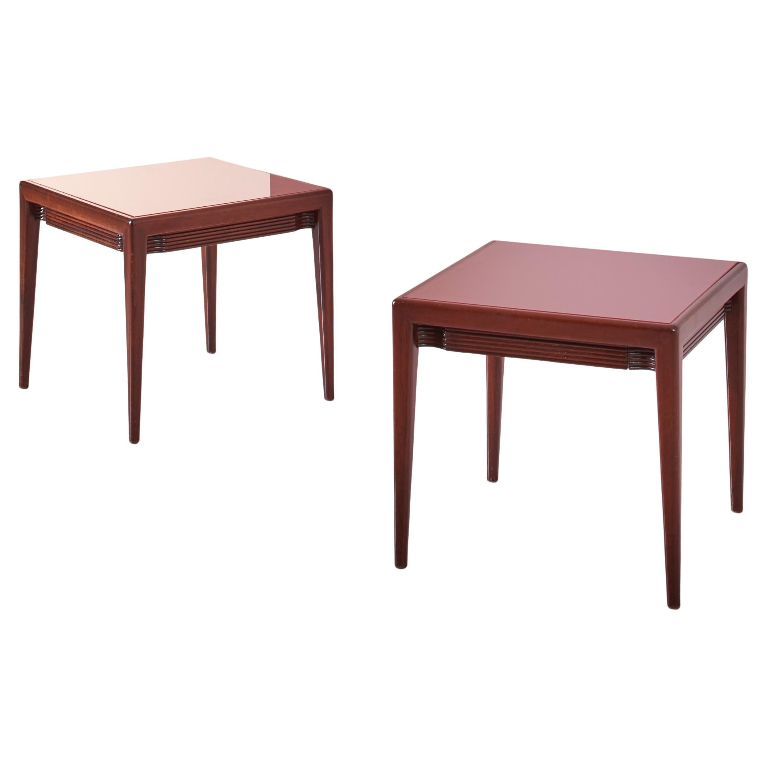 Osvaldo Borsani wooden and red glass side tables with a drawer, Italy, 1950s For Sale