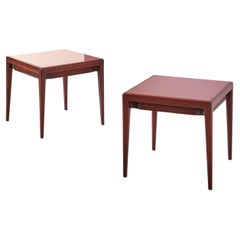 Retro Osvaldo Borsani wooden and red glass side tables with a drawer, Italy, 1950s