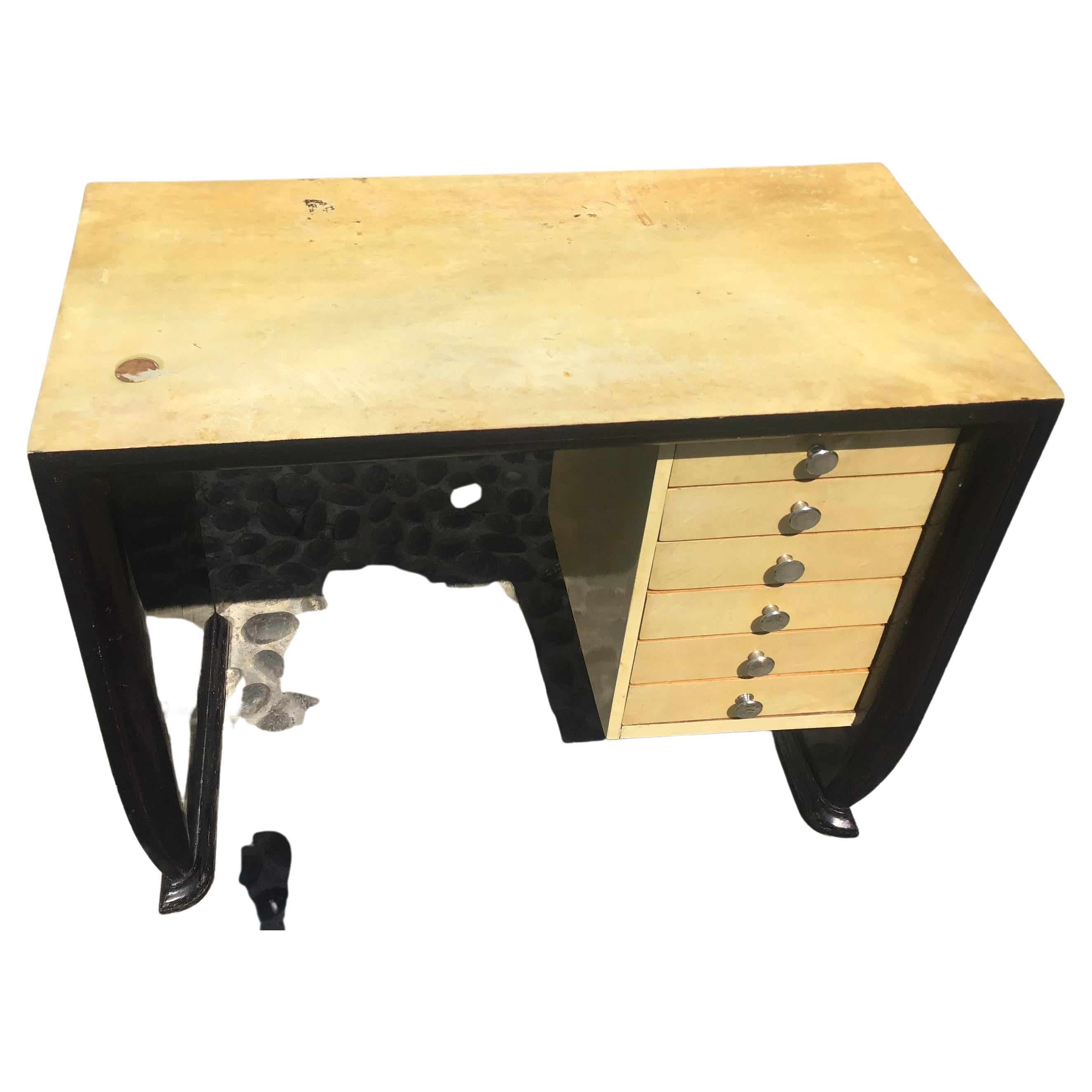 Osvaldo Borsani Wooden Desk Covered with Parchment Steel Handles 1940 Italy For Sale