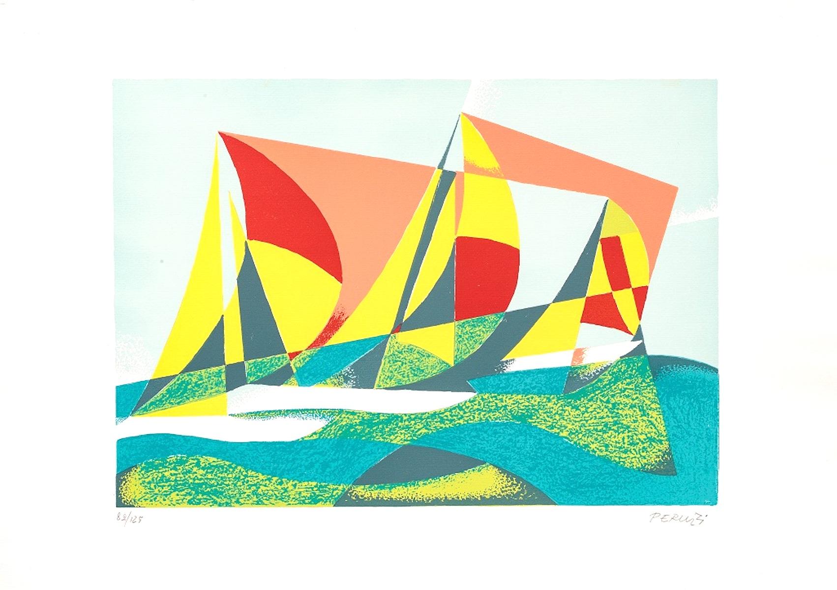 Print di Osvaldo Peruzzi - Paesaggio marino + vele - Litografia di O. Peruzzi - 1988