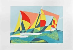 Seascape + Sails - Lithograph by Osvaldo Peruzzi - 1988
