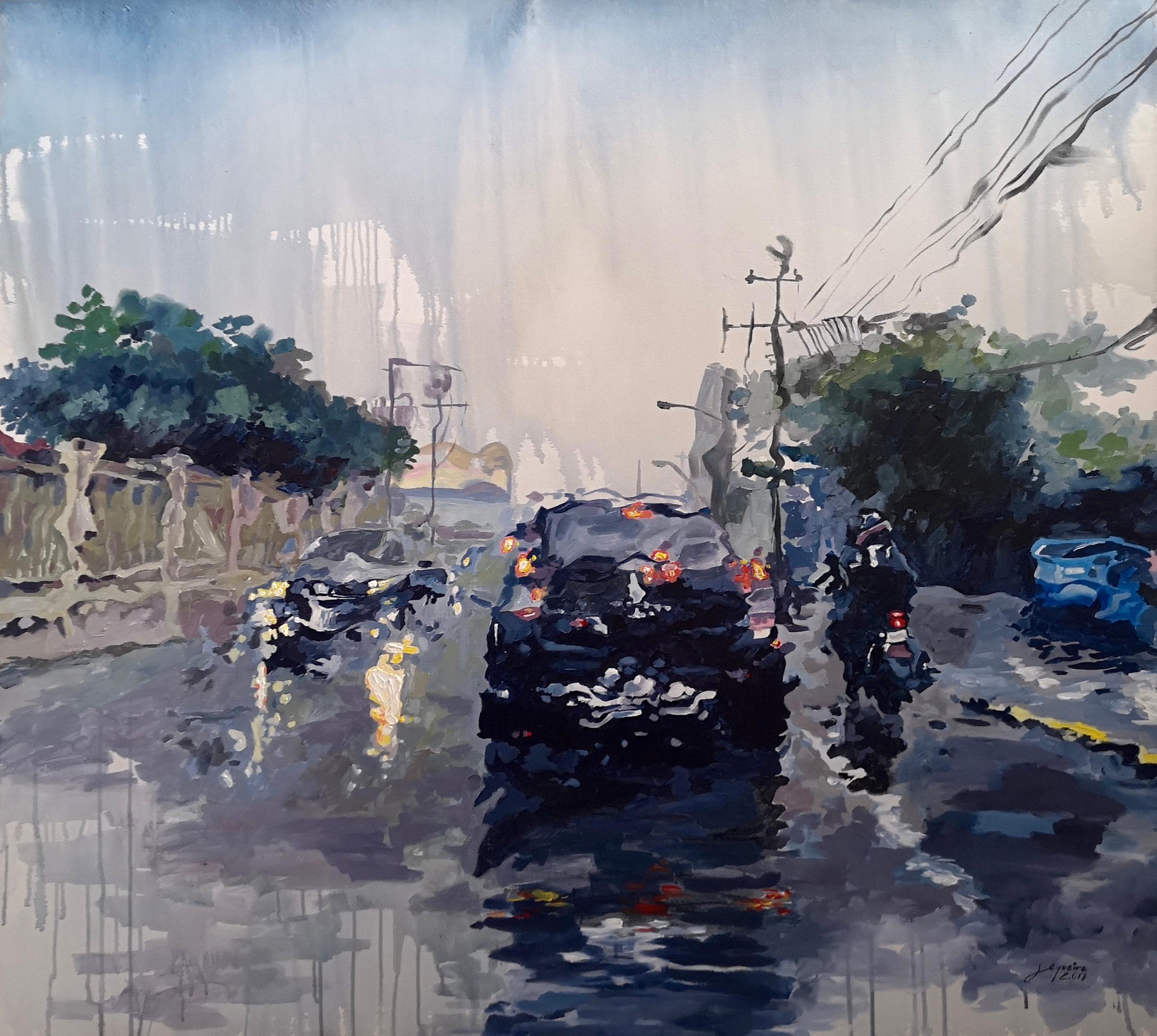 Osvaldo Sequeira Landscape Painting - “The Rainy Neighborhood”, 2021, Canvas, Acrylic Paint