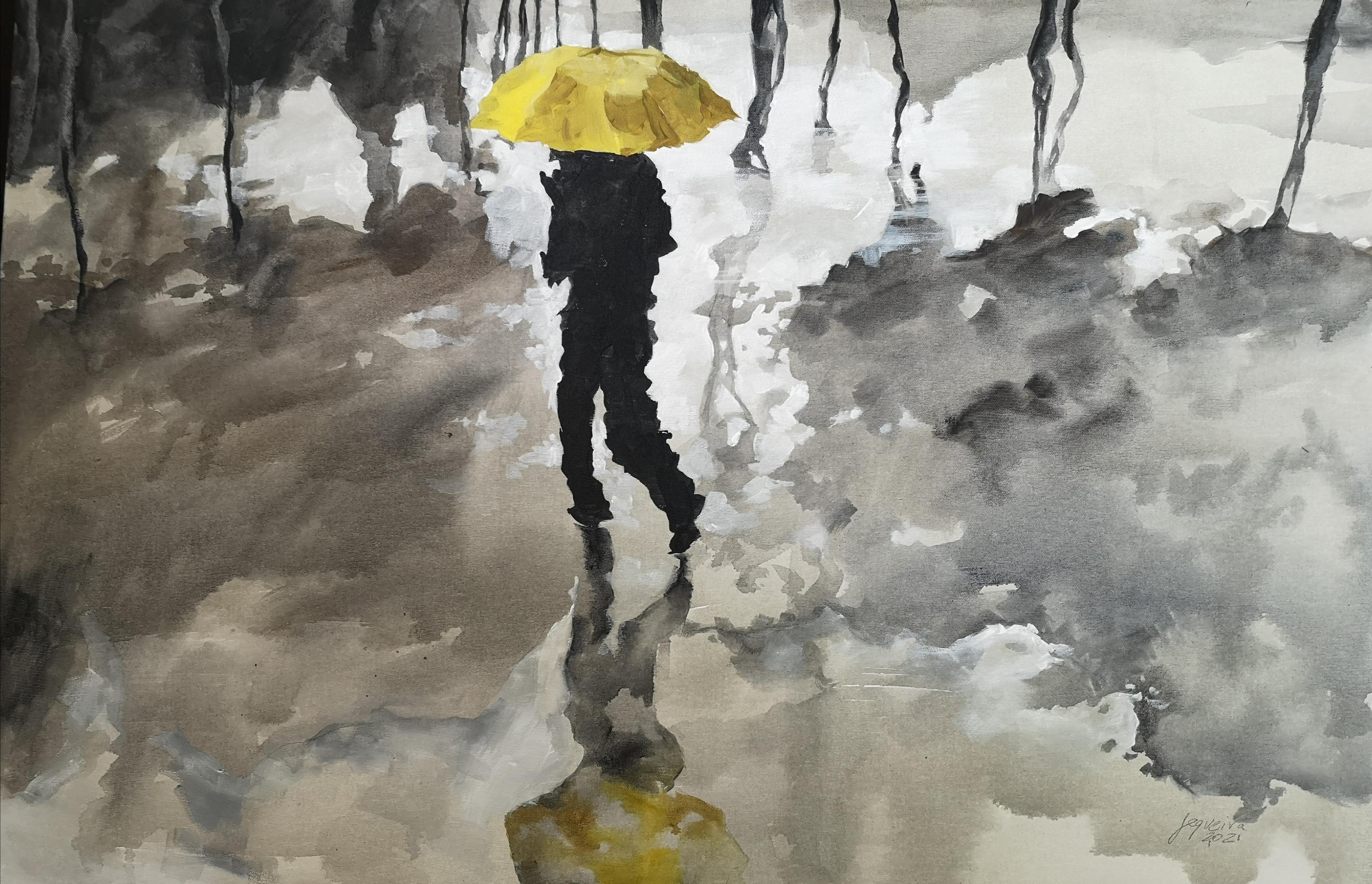 Osvaldo Sequeira Abstract Painting - “The Yellow Umbrella”, 2021, Canvas, Acrylic Paint 