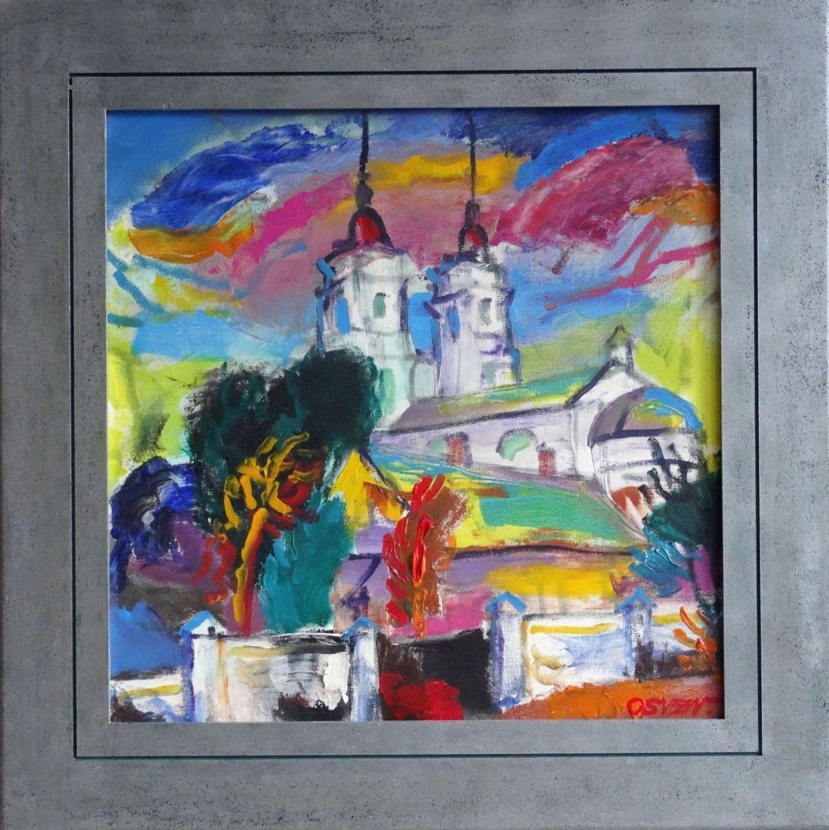 Bright, colorful St.Mary's Church in Daugavpils. 2009, canvas, acrylic, 50x50cm - Painting by Osvalds Zvejsalnieks