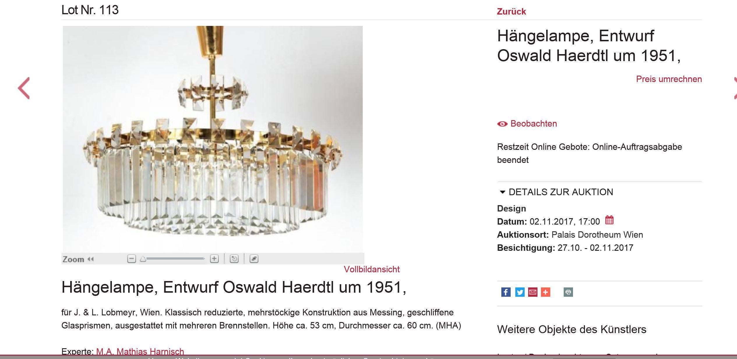 Ein eindrucksvolles Beispiel für die Entwürfe von Oswald Haerdtl für Lobmeyr, um 1950. Haerdtl, einer der prominentesten Architekten dieser Zeit, ist vor allem für seine Modernität und für seine Arbeiten für die Wiener Kaffeehauskultur bekannt.