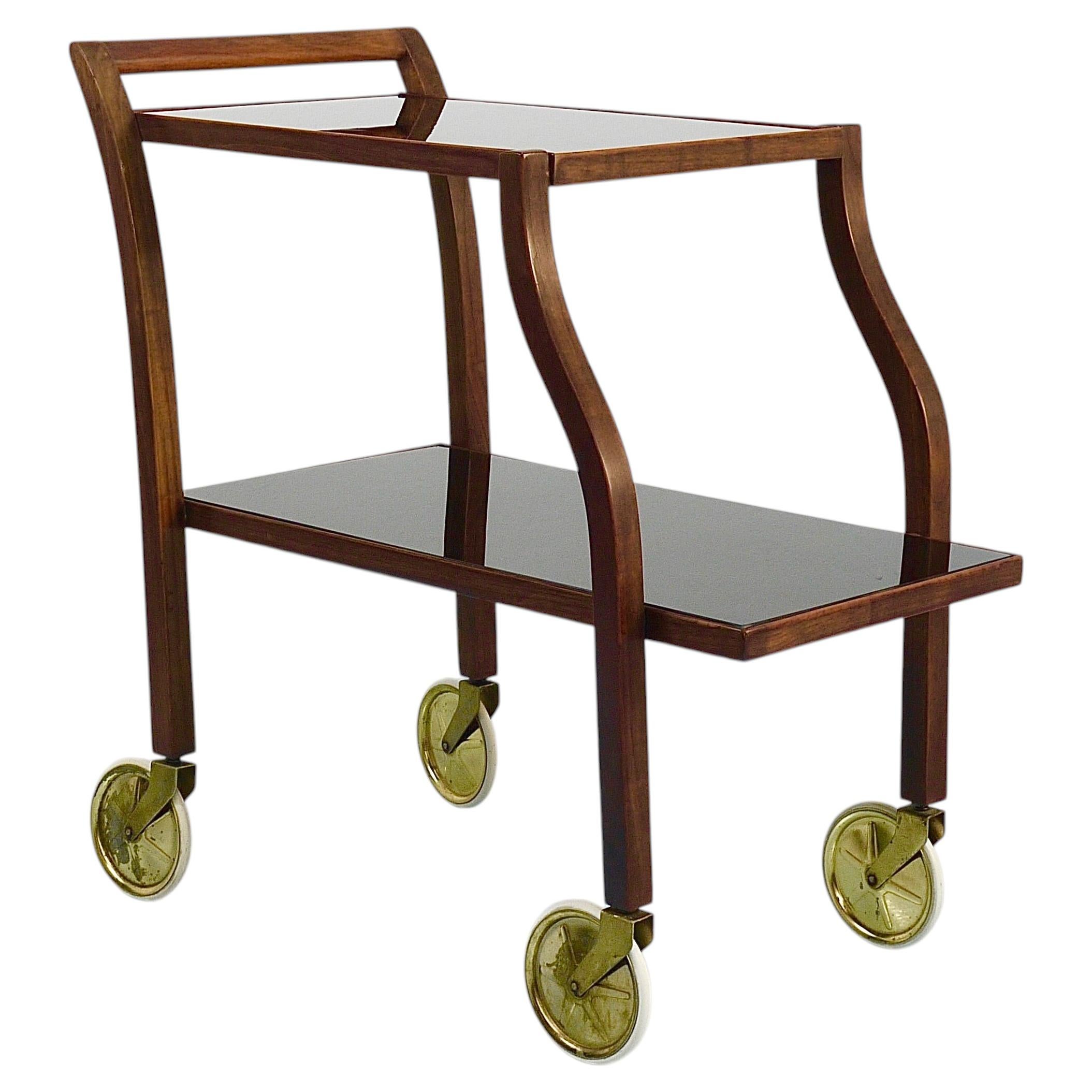 Oswald Haerdtl Curved Walnut & Glass Bar Cart, Serving Trolley, 1950s