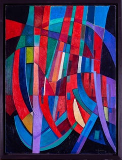 Bright geometric abstract with strong reds, blues and purples by Oswald Perrelle