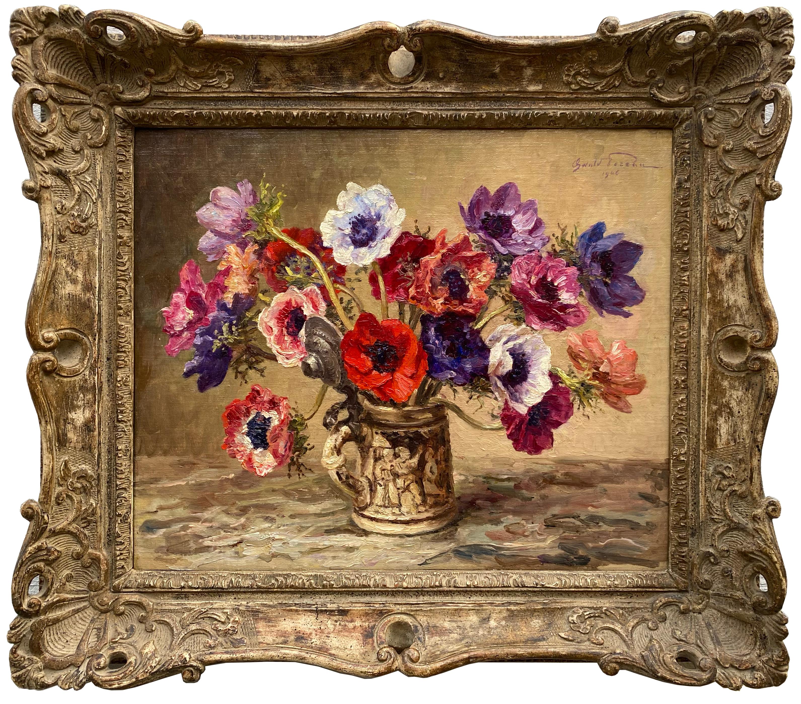 Poreau Oswald
Brussels 1877 –  1955 Waterloo
Belgian Painter

'Anemones'
Signature: Signed top right, dated 1946; on revers signed, named and dated
Medium: Oil on canvas laid down on panel
Dimensions: Image size 39 x 46 cm, frame size 54 x 62