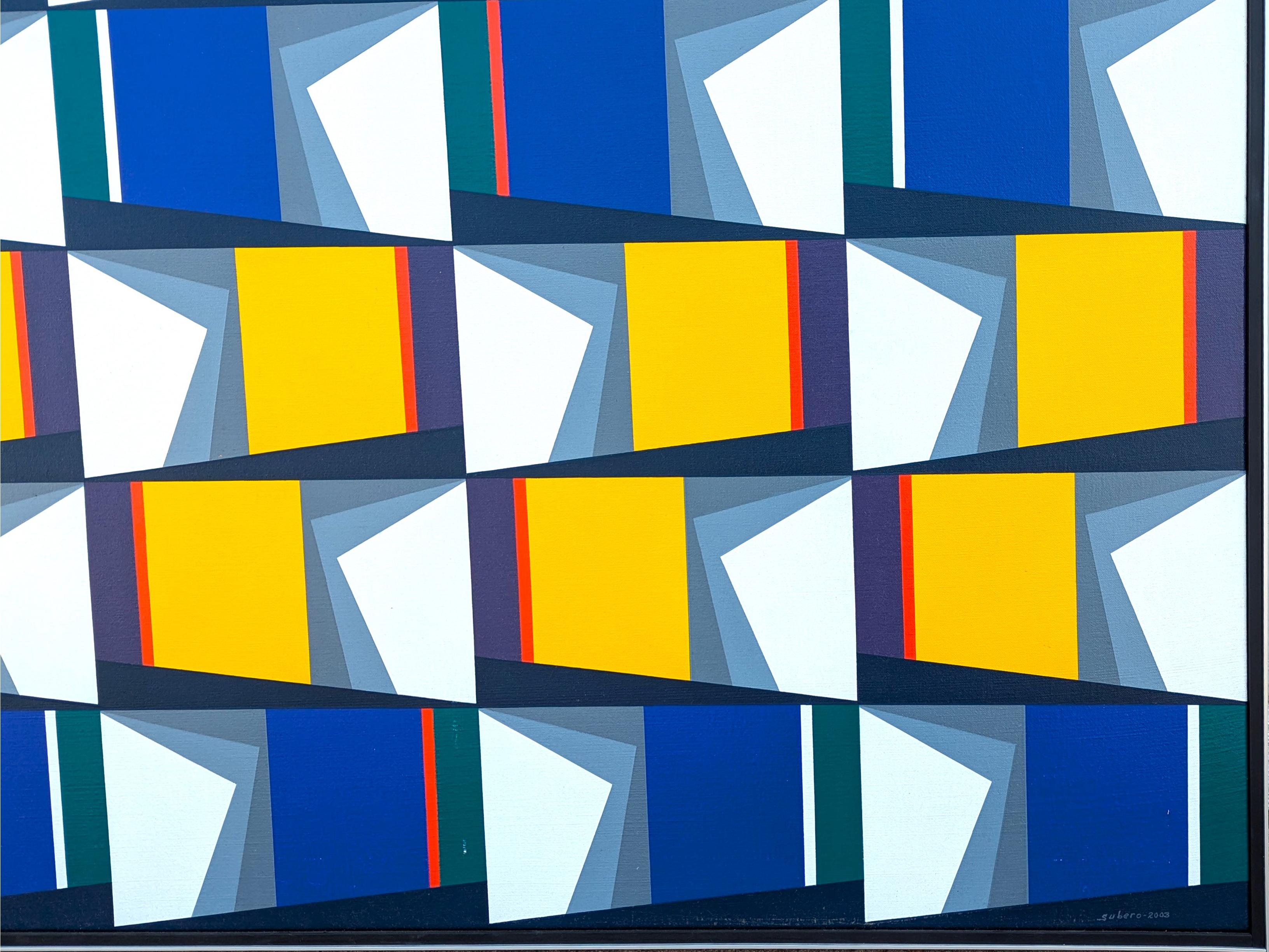 Quadro astratto geometrico contemporaneo blu e giallo dell'artista venezuelano Oswaldo Subero. L'opera è caratterizzata da forme lineari e dure in un motivo di illusione ottica. Firmato nell'angolo anteriore in basso a destra e firmato, intitolato e