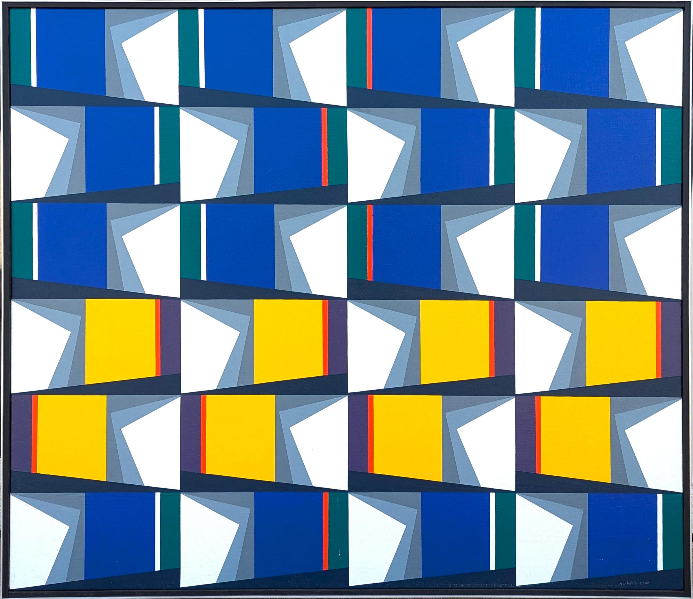 Abstract Painting di Oswaldo Subero - "Pintura Bidimensional No 896" Astratto geometrico contemporaneo blu e giallo