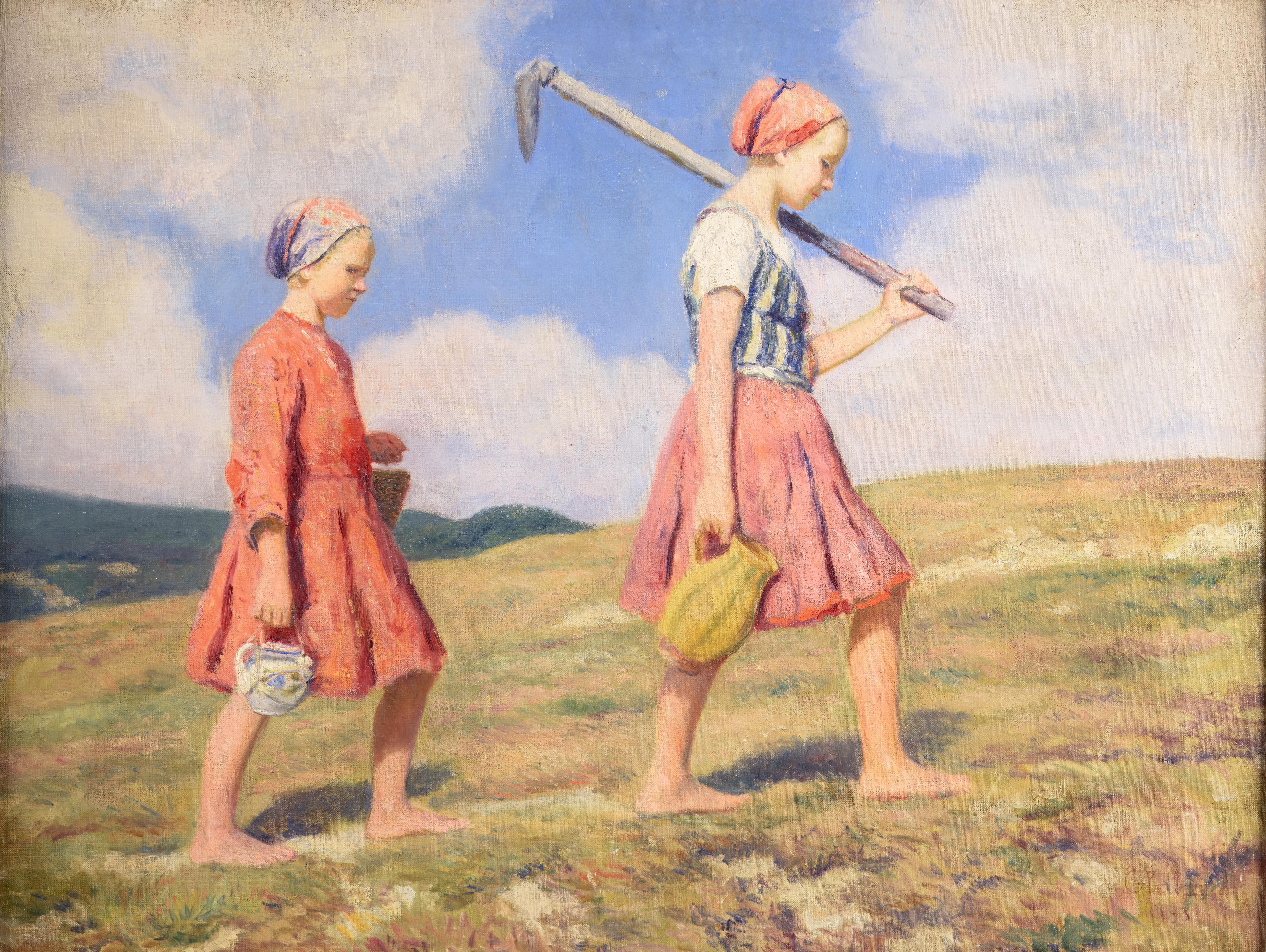 Chicas en el campo - Figurative Painting Marrón de Oszkar Glatz
