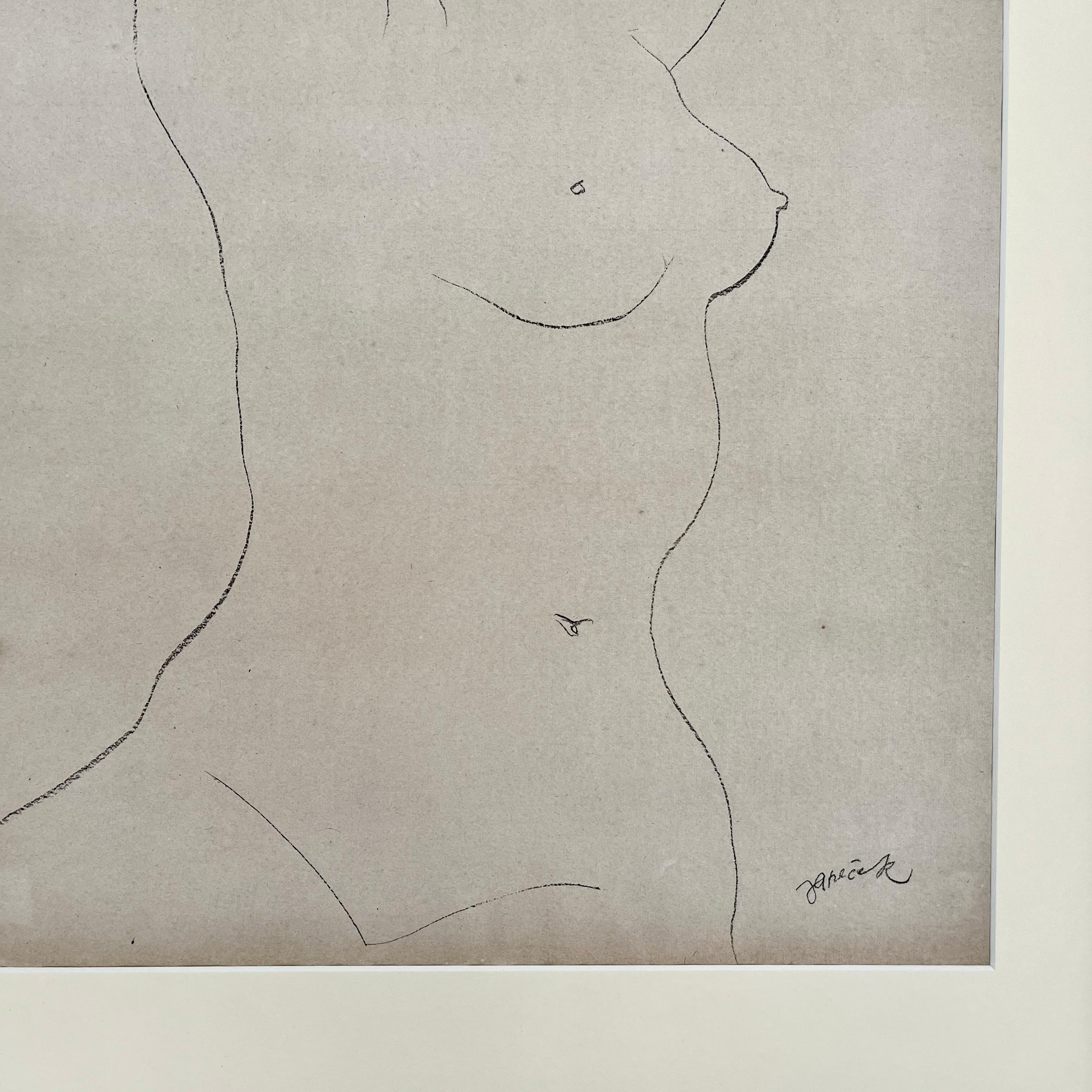 Ota Janeček (1919 - 1996) Desnudo recostado con los brazos levantados, carboncillo sobre papel cica 1940 firmado 