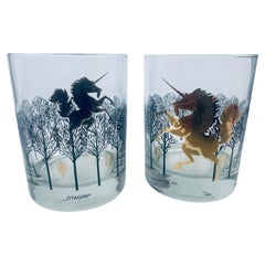 Bicchieri da cocktail Otagiri Japan con design di unicorno in nero e oro 1960