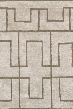Contemporary Tibetan Rug Hand-Knotted in Nepal, Light Grey - Olive Green