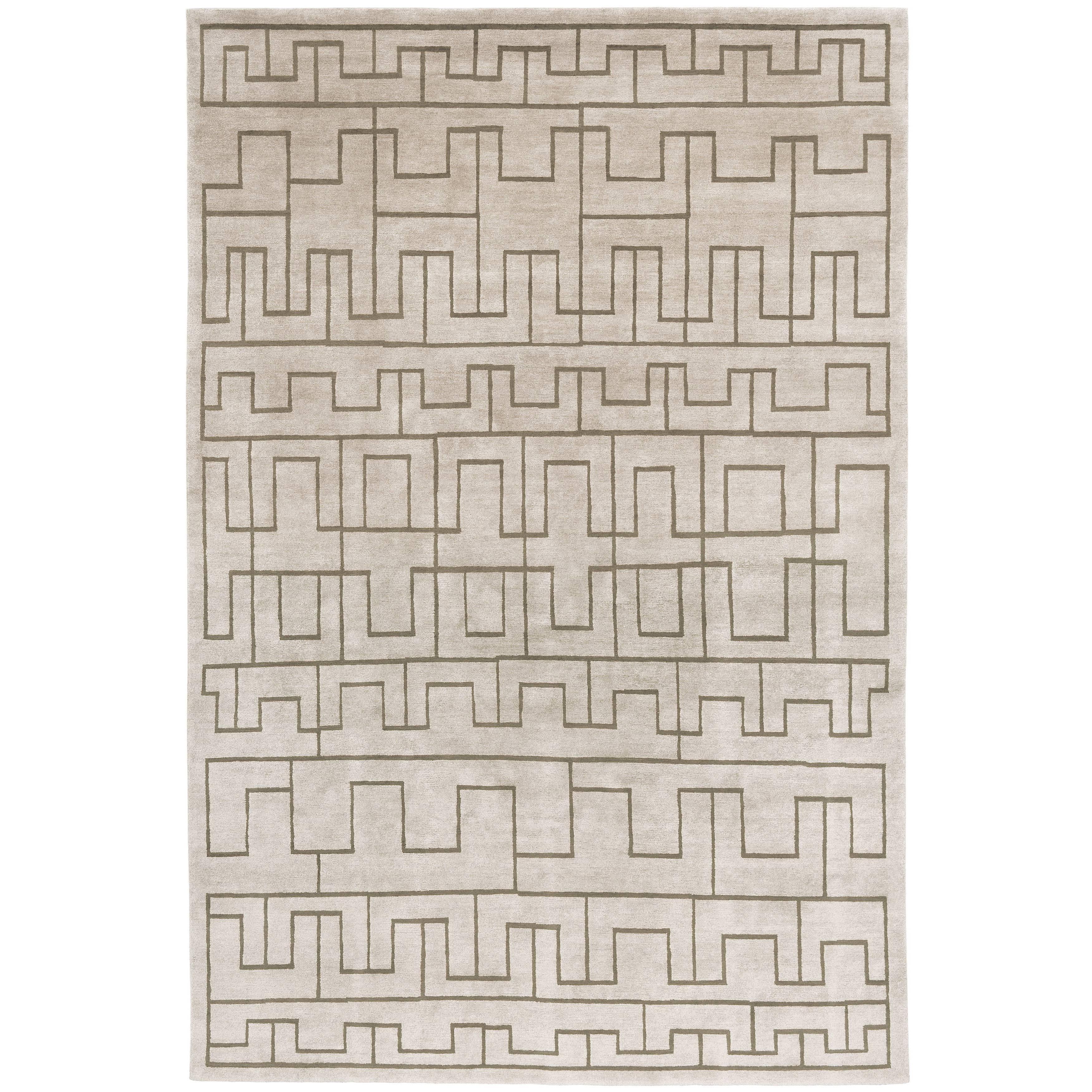 Contemporary Tibetan Rug Hand-Knotted in Nepal, Light Grey - Olive Green For Sale
