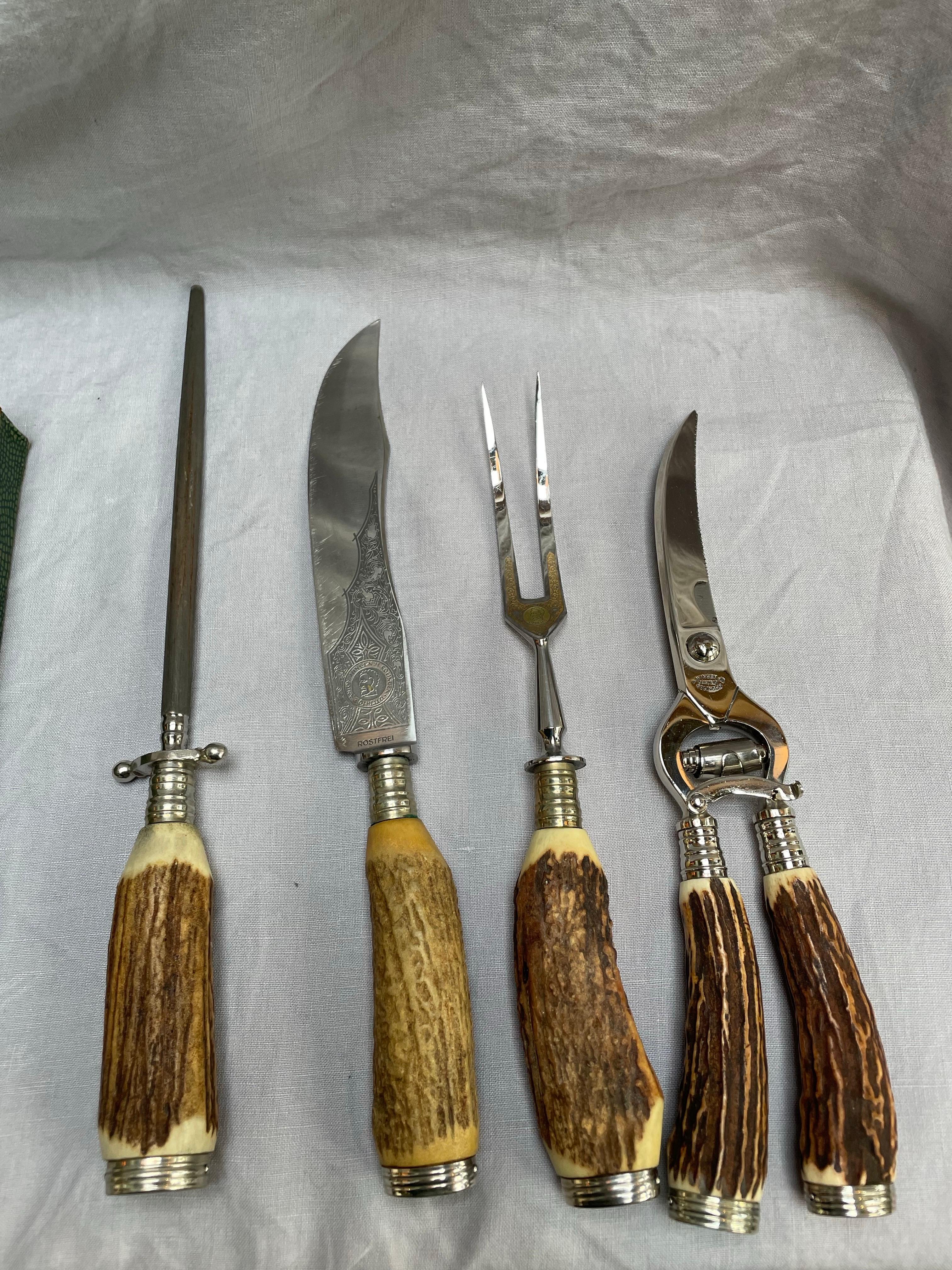 Othello Solingen Stag Antler Carving Set in Original Fitted Case, Germany In Good Condition For Sale In Northport, MI