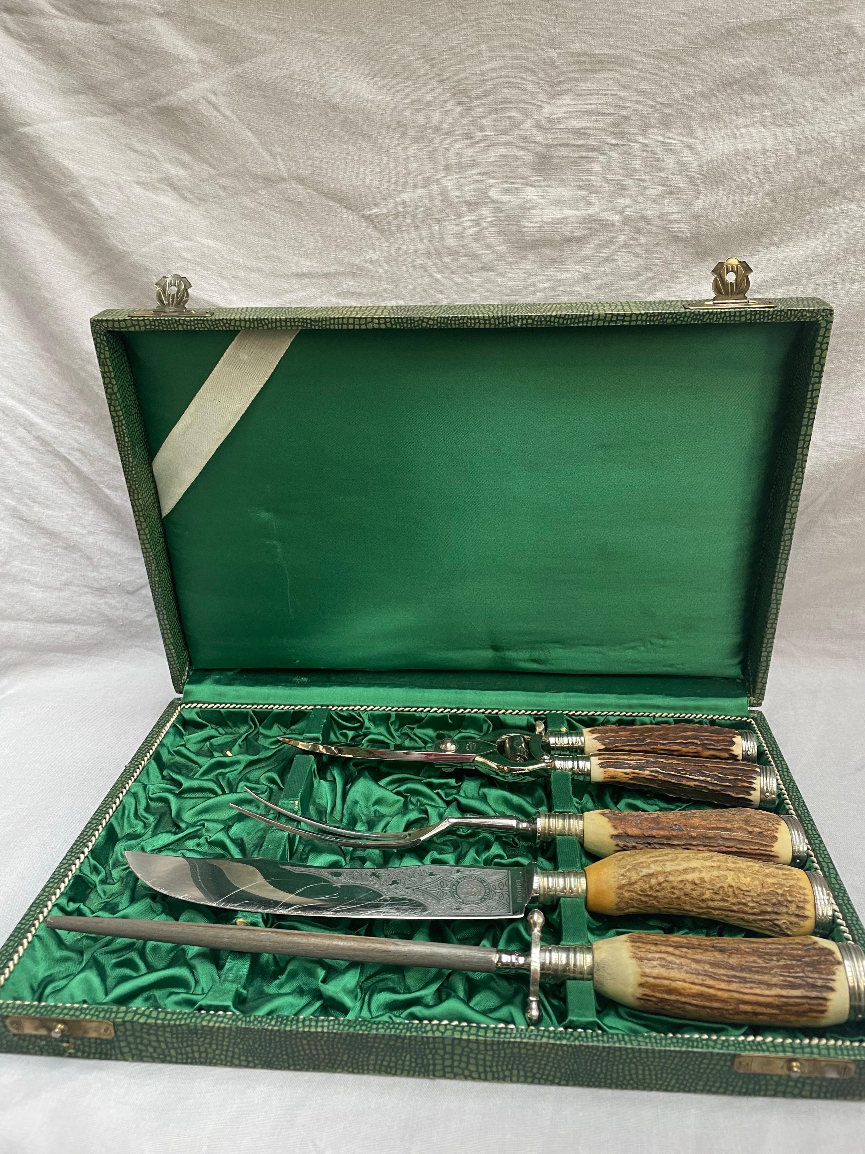 Othello Solingen Stag Antler Carving Set in Original Fitted Case, Germany For Sale 1