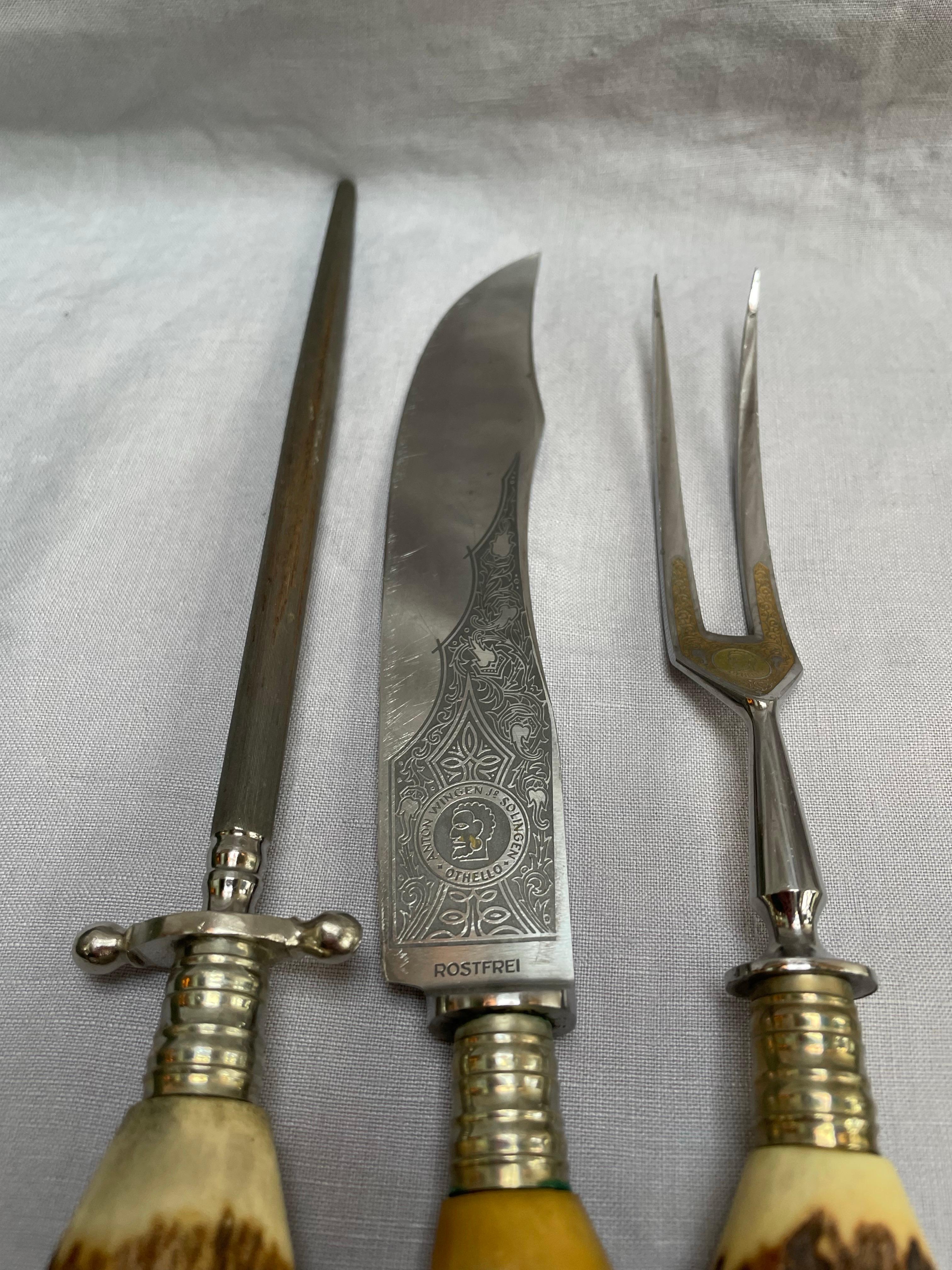 Othello Solingen Stag Antler Carving Set in Original Fitted Case, Germany For Sale 2