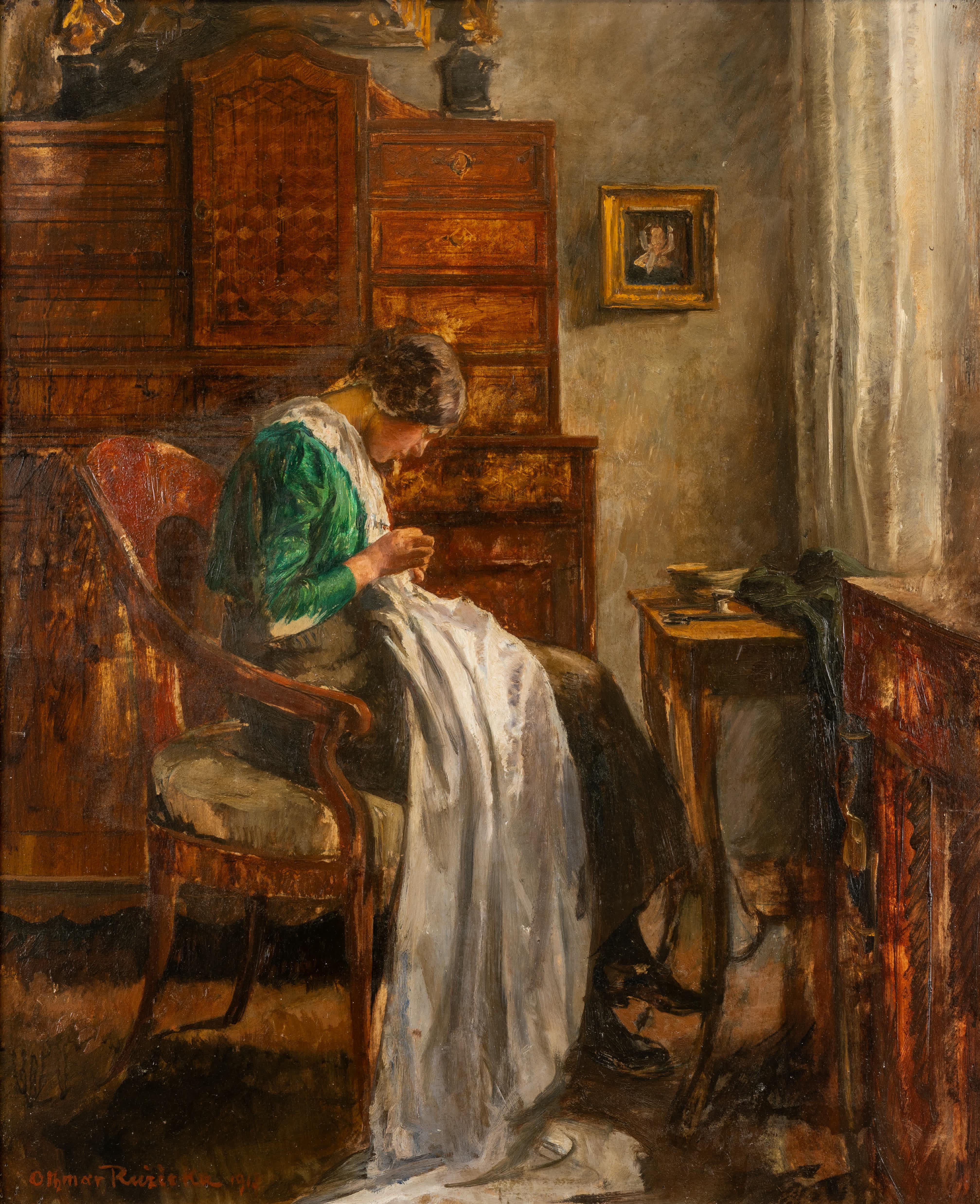 Young Woman Sewing - Painting by Othmar Ruzicka