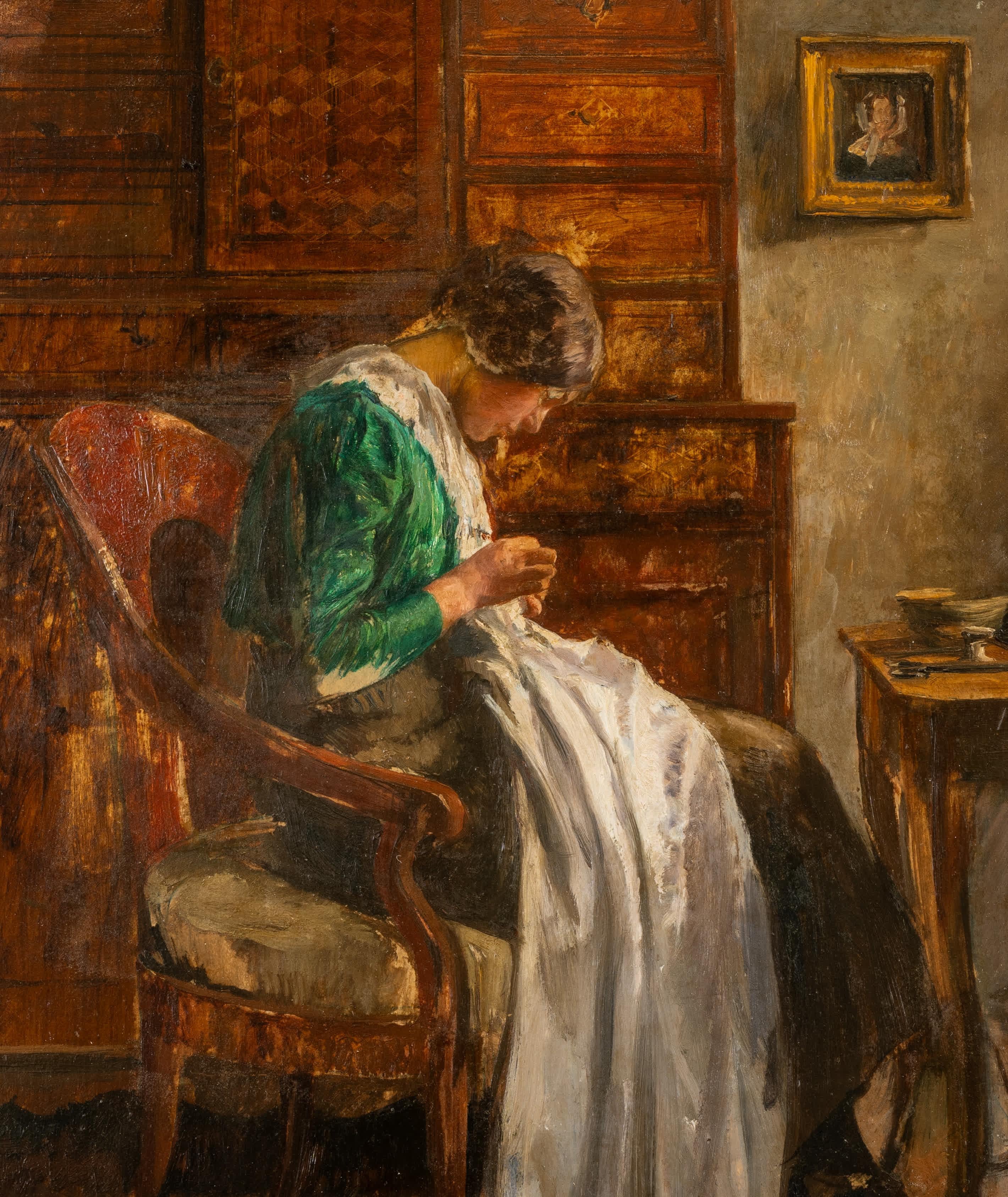 Young Woman Sewing - Naturalistic Painting by Othmar Ruzicka