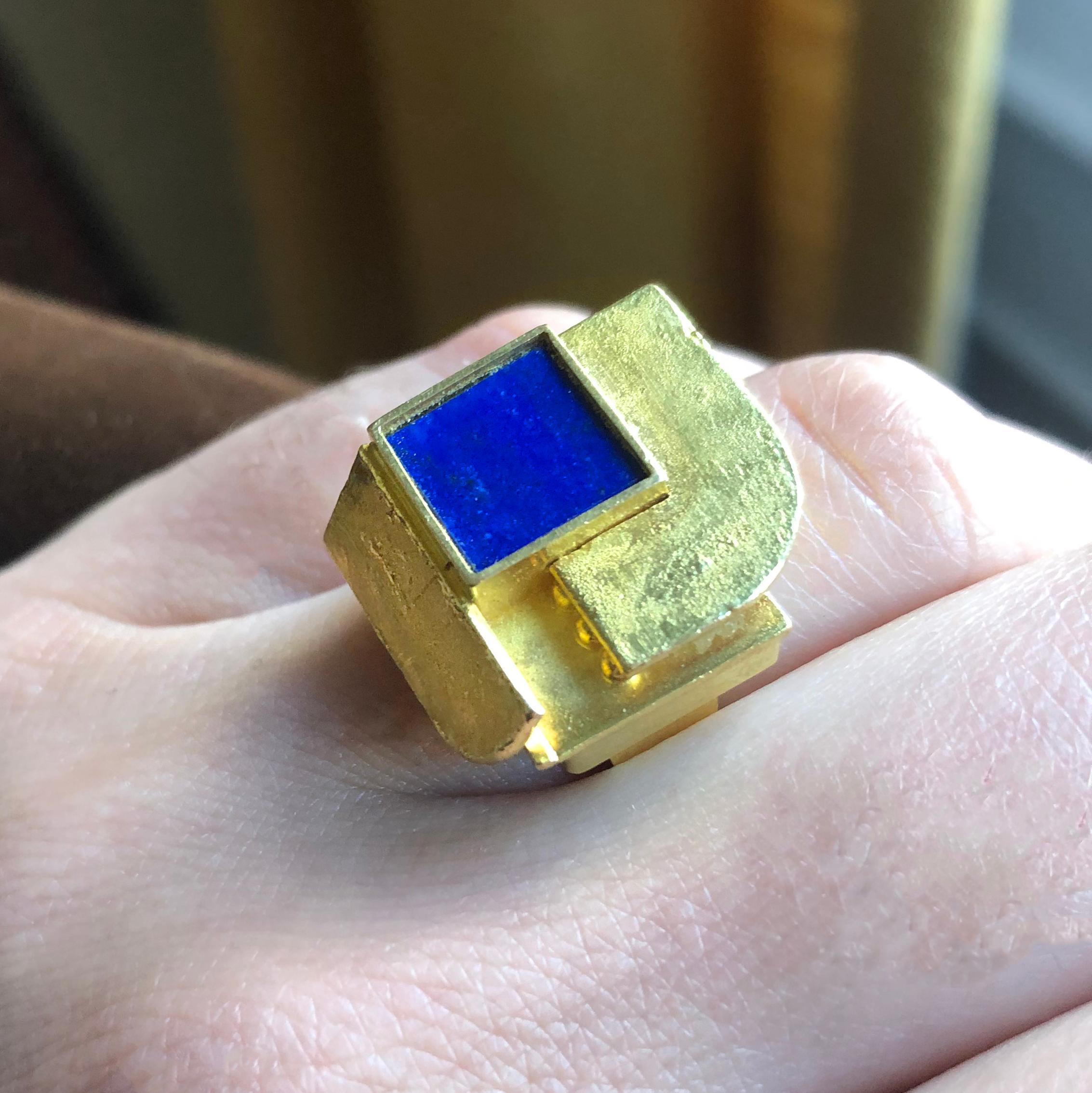 Square Cut Othmar Zschaler Lapis Lazuli and Gold Modernist Ring For Sale