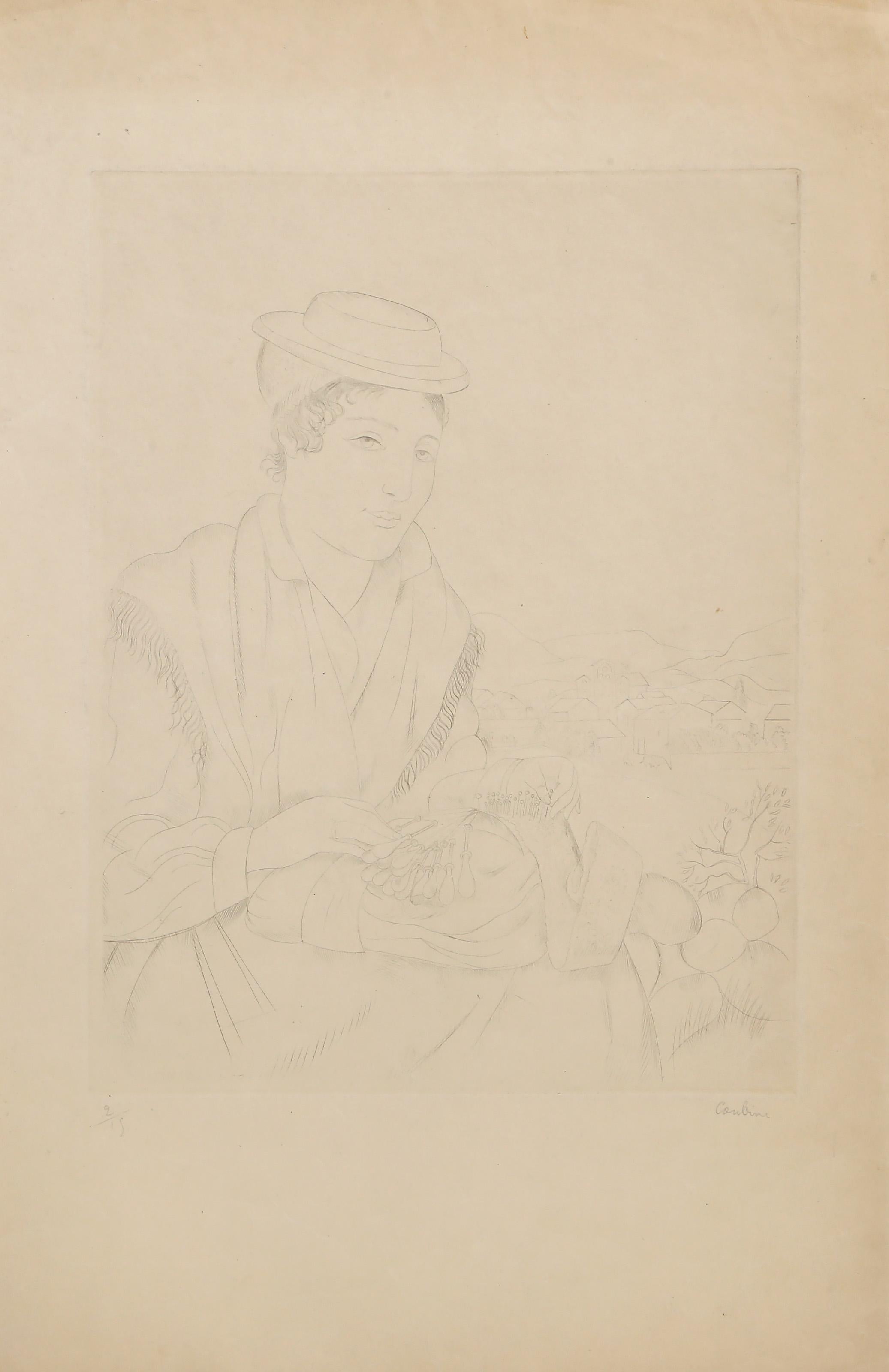 La Encajera, Aguafuerte Retrato Moderno firmado por Othon Coubine en venta 1