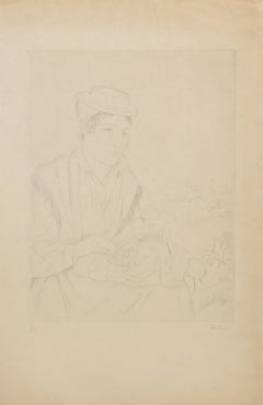 The Lacemaker, Signed Modern Portrait Etching by Othon Coubine