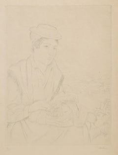 The Lacemaker, Signed Modern Portrait Etching by Othon Coubine
