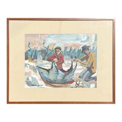 Modern Early Texas Western Wilderness Landscape Scene of Two Men and a Hog