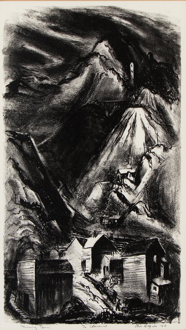 Otis Dozier - 1940s Vertical American Modern Mining Town Landscape  Lithograph, Mountain Scene For Sale at 1stDibs
