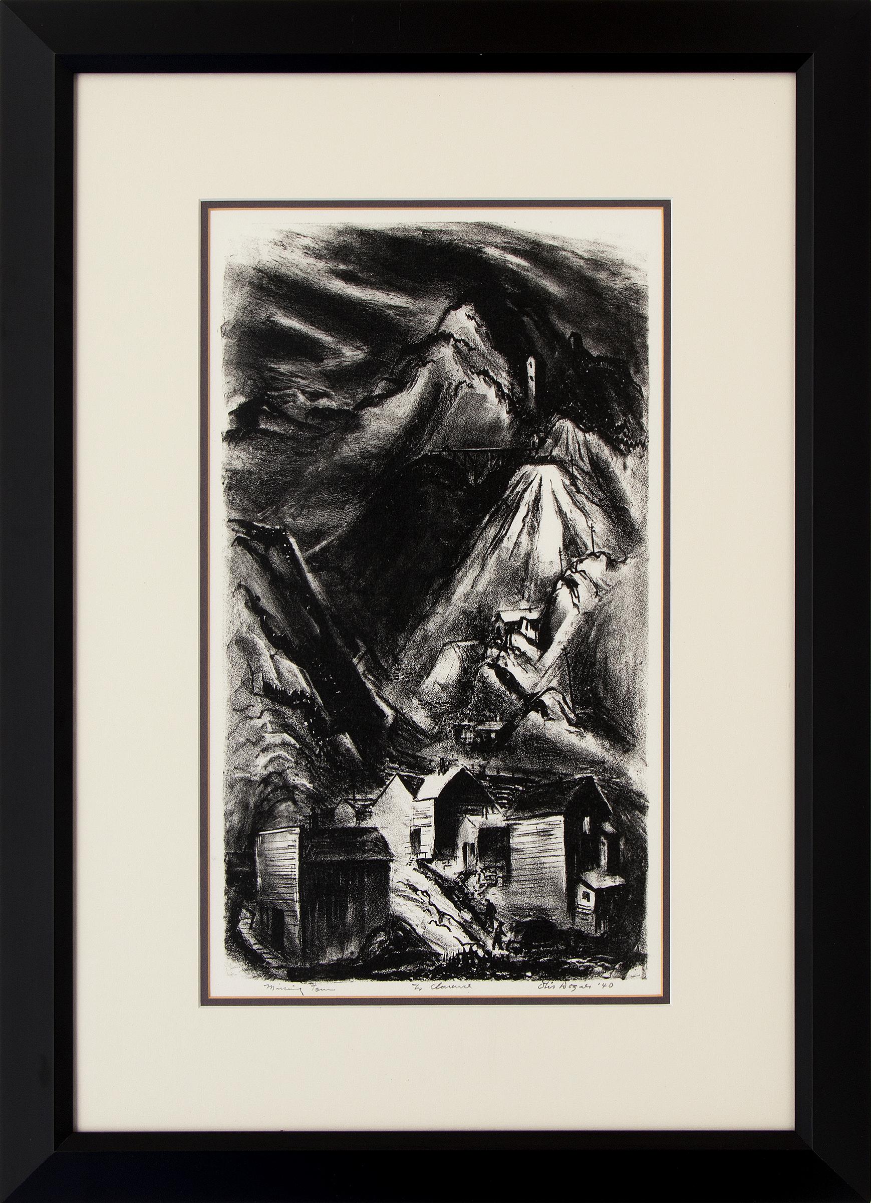 Otis Dozier Abstract Print - 1940s Vertical American Modern Mining Town Landscape Lithograph, Mountain Scene