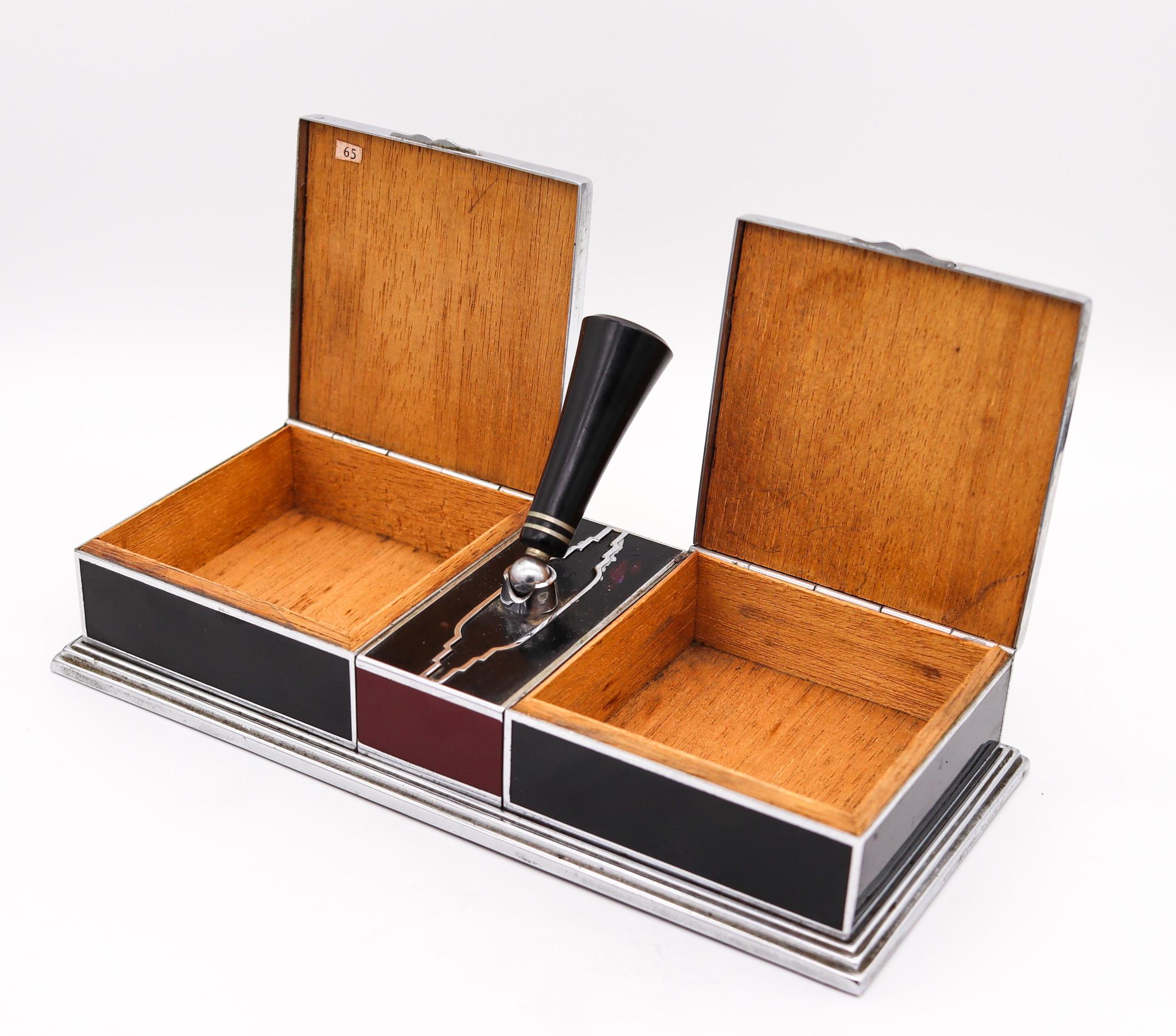 North American Otis Elgin Craft 1920 Art Deco Desk Cigarette Double Box Lacquered Chromed Steel