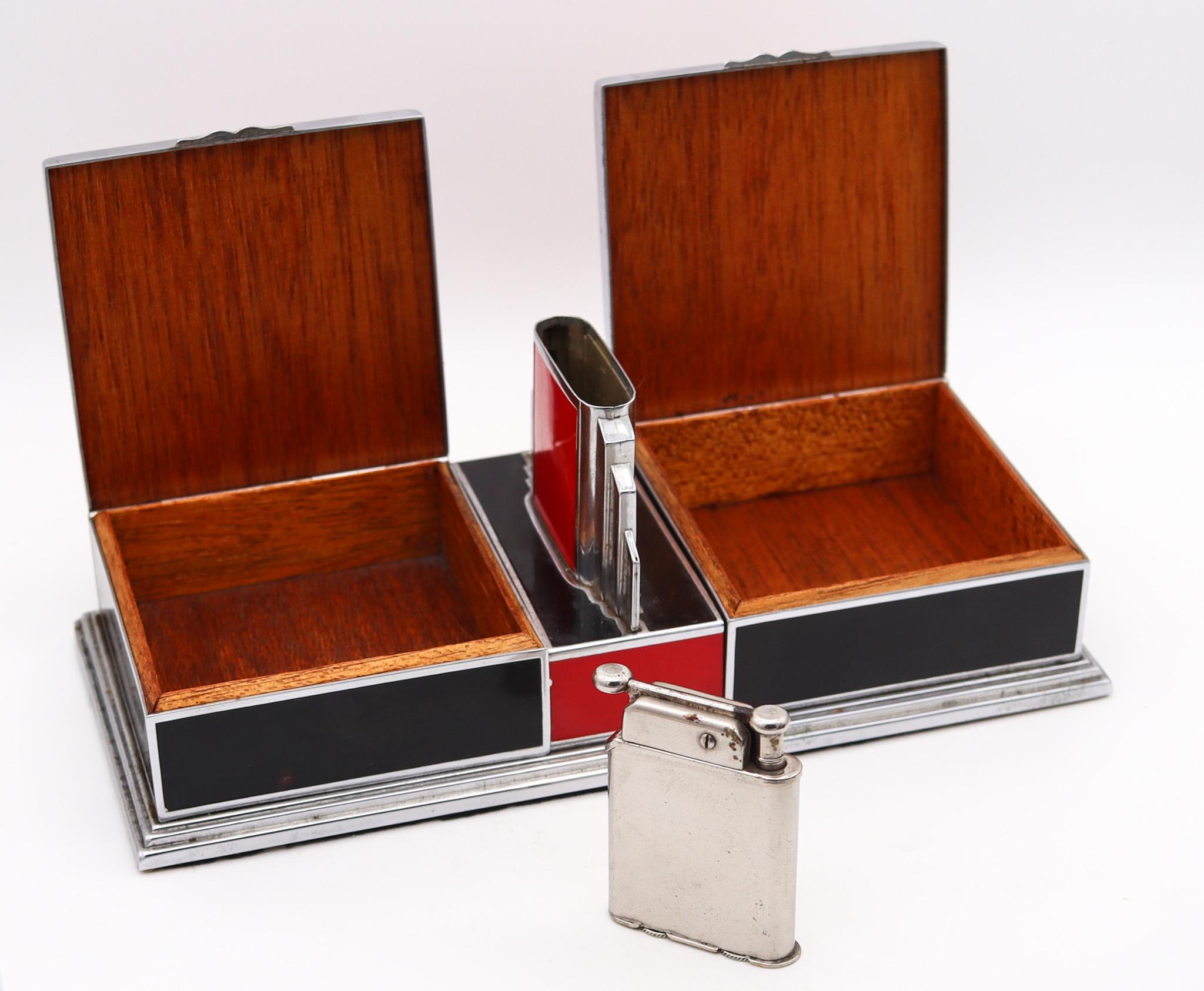 Otis Elgin Craft 1928 Art Deco Desk Cigarette Box And Lighter In Lacquered Steel In Excellent Condition For Sale In Miami, FL