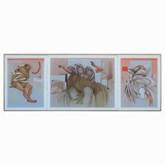 Vintage "The Glass Answer" Surreal Abstract Figurative Triptych Painting