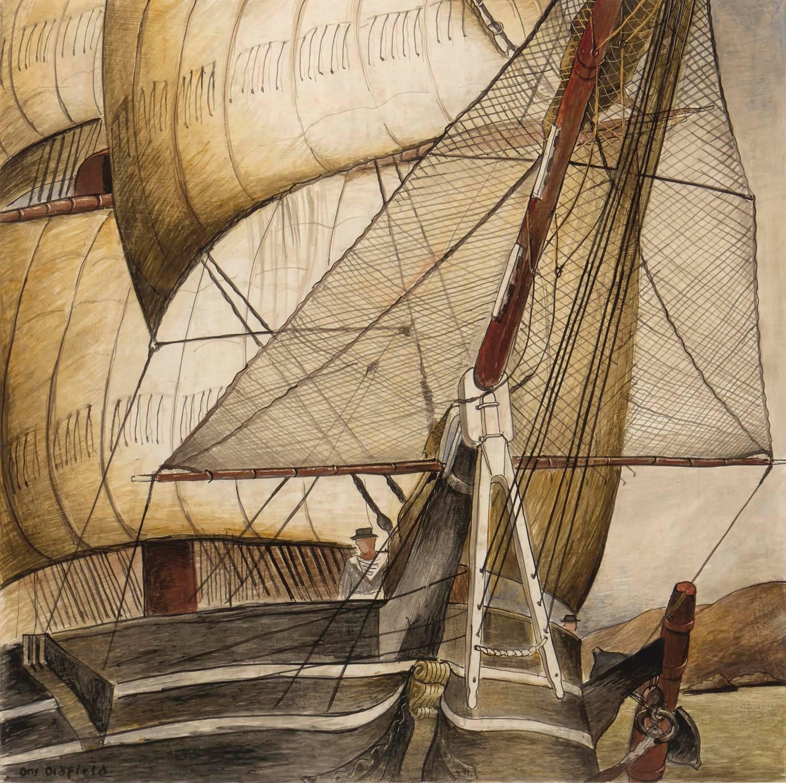 Otis Oldfield Landscape Painting - Sailing Ship of 1850s in San Francisco Bay - WPA Mural Study for Post Office