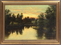Stunning Tonalist Antique American Oil Painting NY Party Grass Lake Hudson 1880