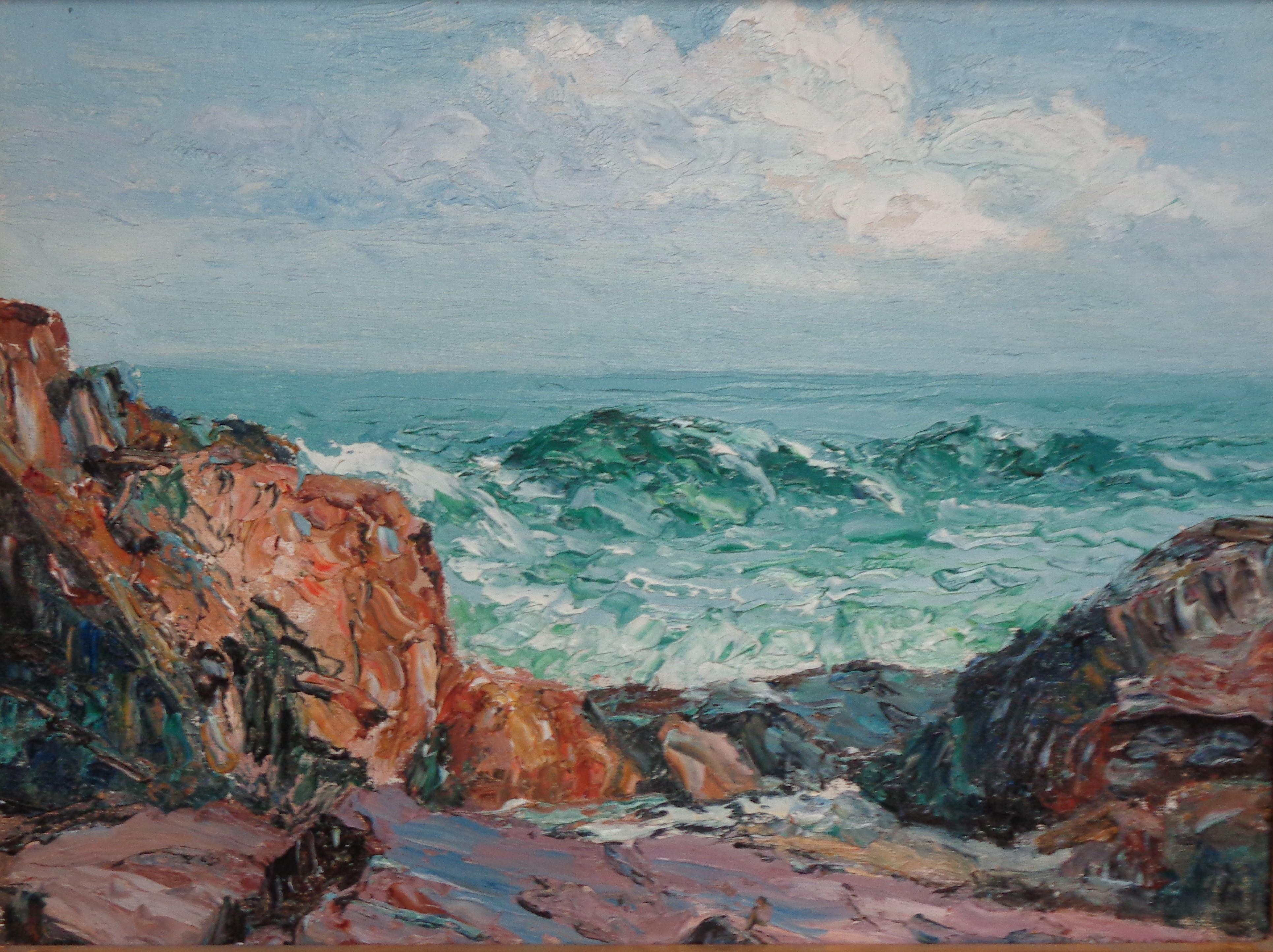 Paesaggio marino impressionistico Otis Swett Pittura ad olio Otis and Otis ME  Salmagundi Label in vendita 1