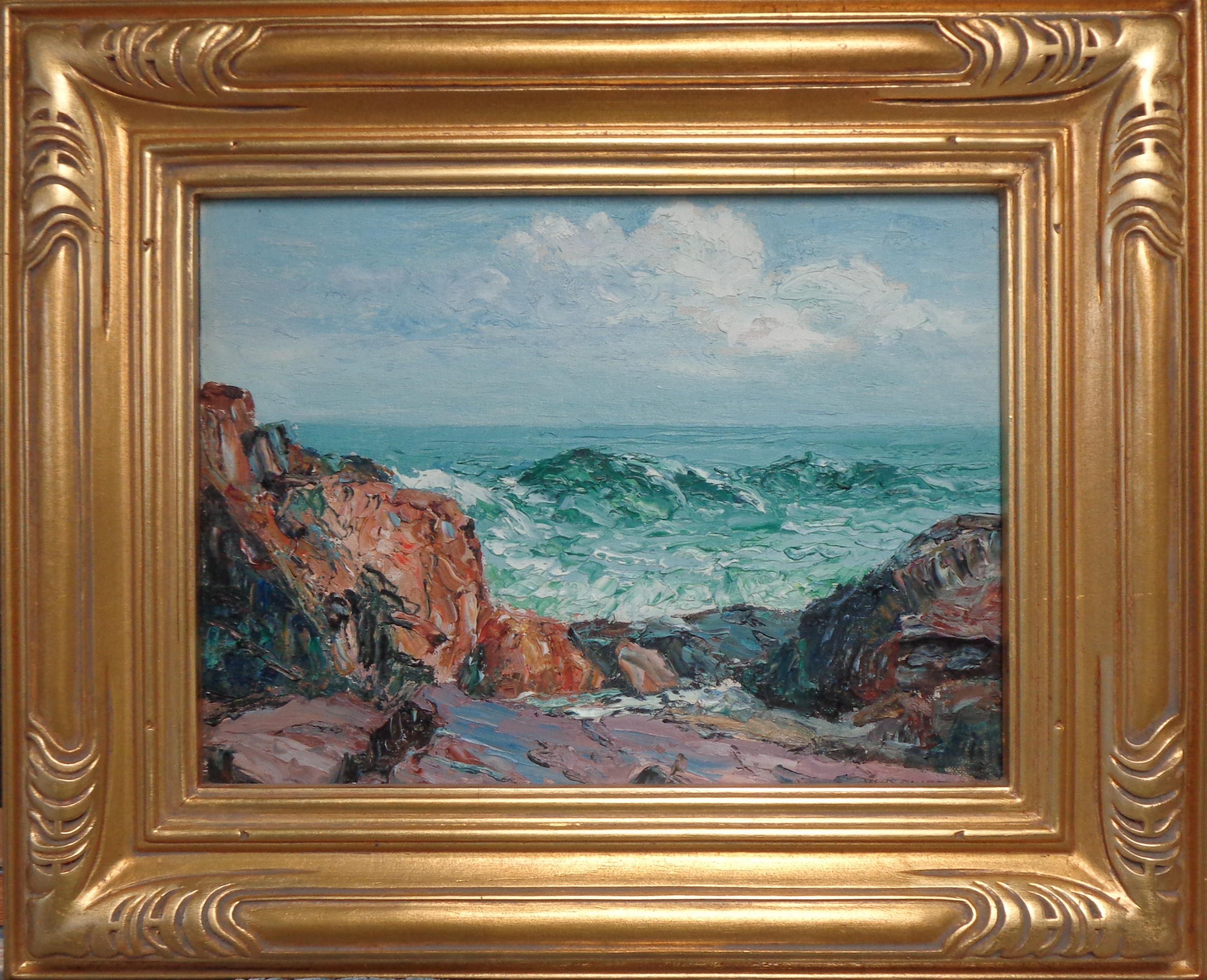 William Otis Swett (americano, 1859-1938), olio su tela su tavola con paesaggio marino, intitolato Turning of the Tide, firmato in basso a destra, etichetta espositiva del Salmagundi Club sul retro, tavola - 9" x 12", cornice - 14 3/4" x 17 3/4".
