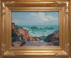 Impressionistic Seascape Otis Swett Oil Painting Ogonquit ME  Salmagundi Label