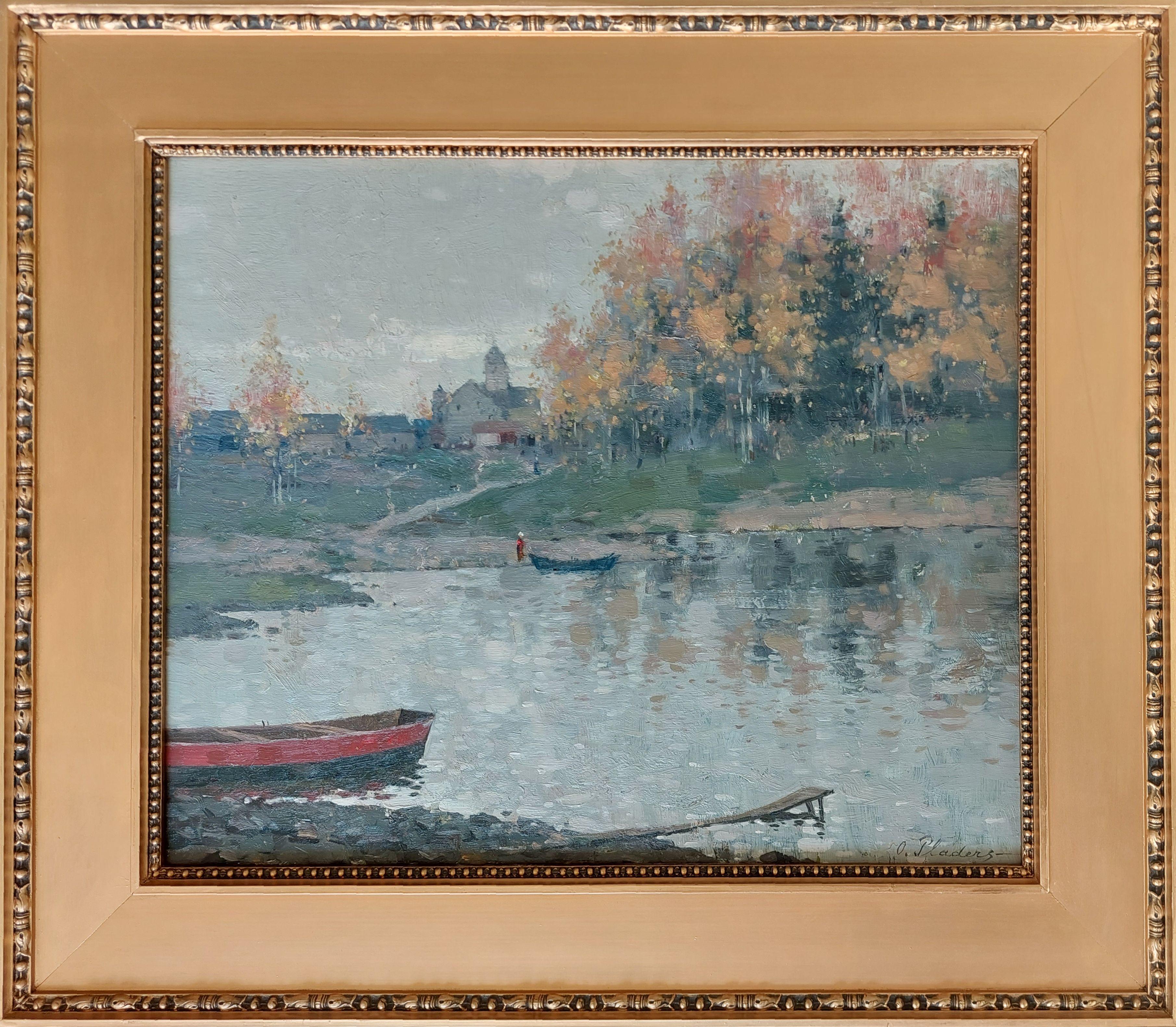 Autumn at the lake, plywood, oil, 40.5 x 48.5 cm - Painting by Oto Plader