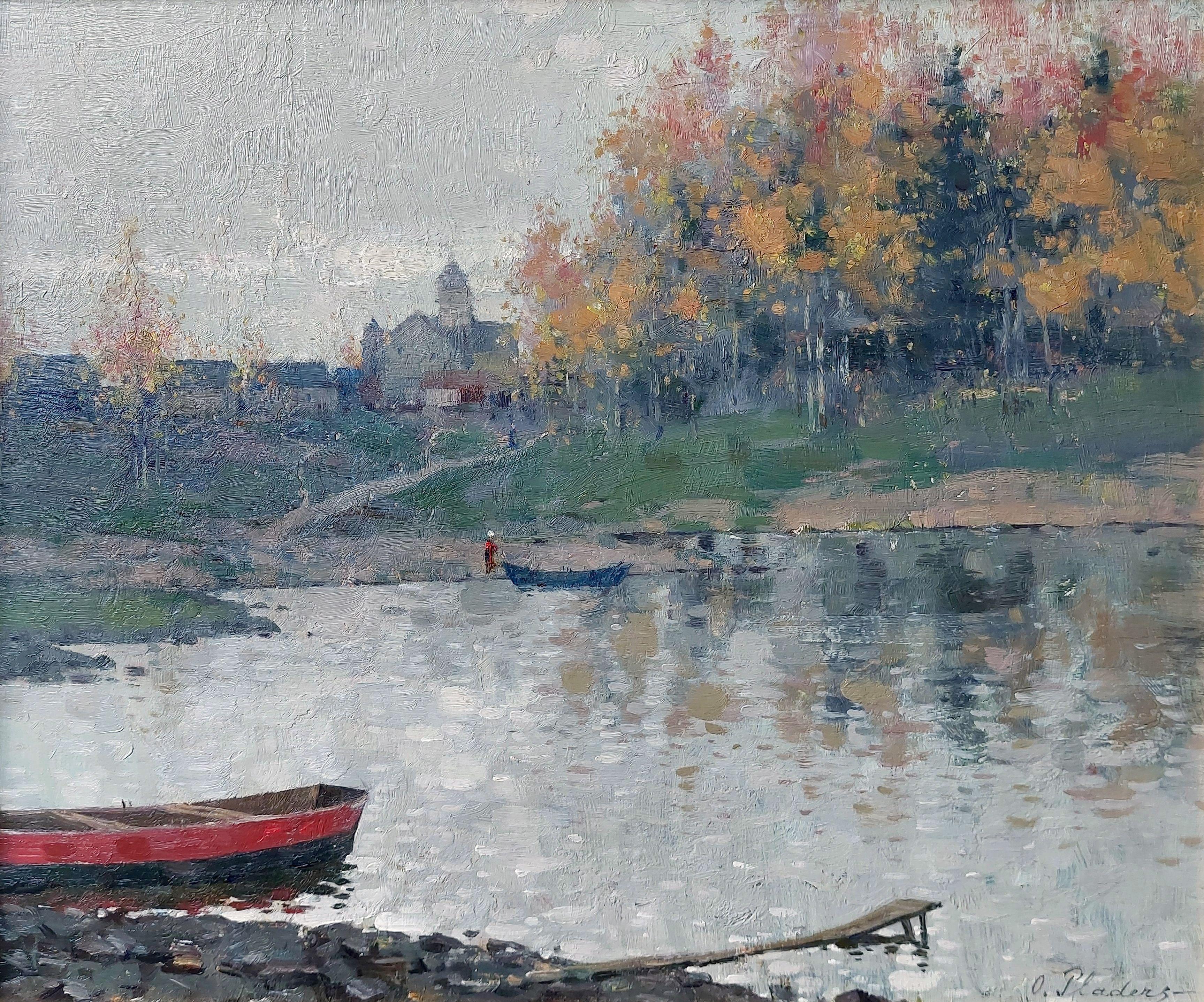Oto Plader Landscape Painting - Autumn at the lake, plywood, oil, 40.5 x 48.5 cm