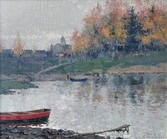 Autumn at the lake, plywood, oil, 40.5 x 48.5 cm
