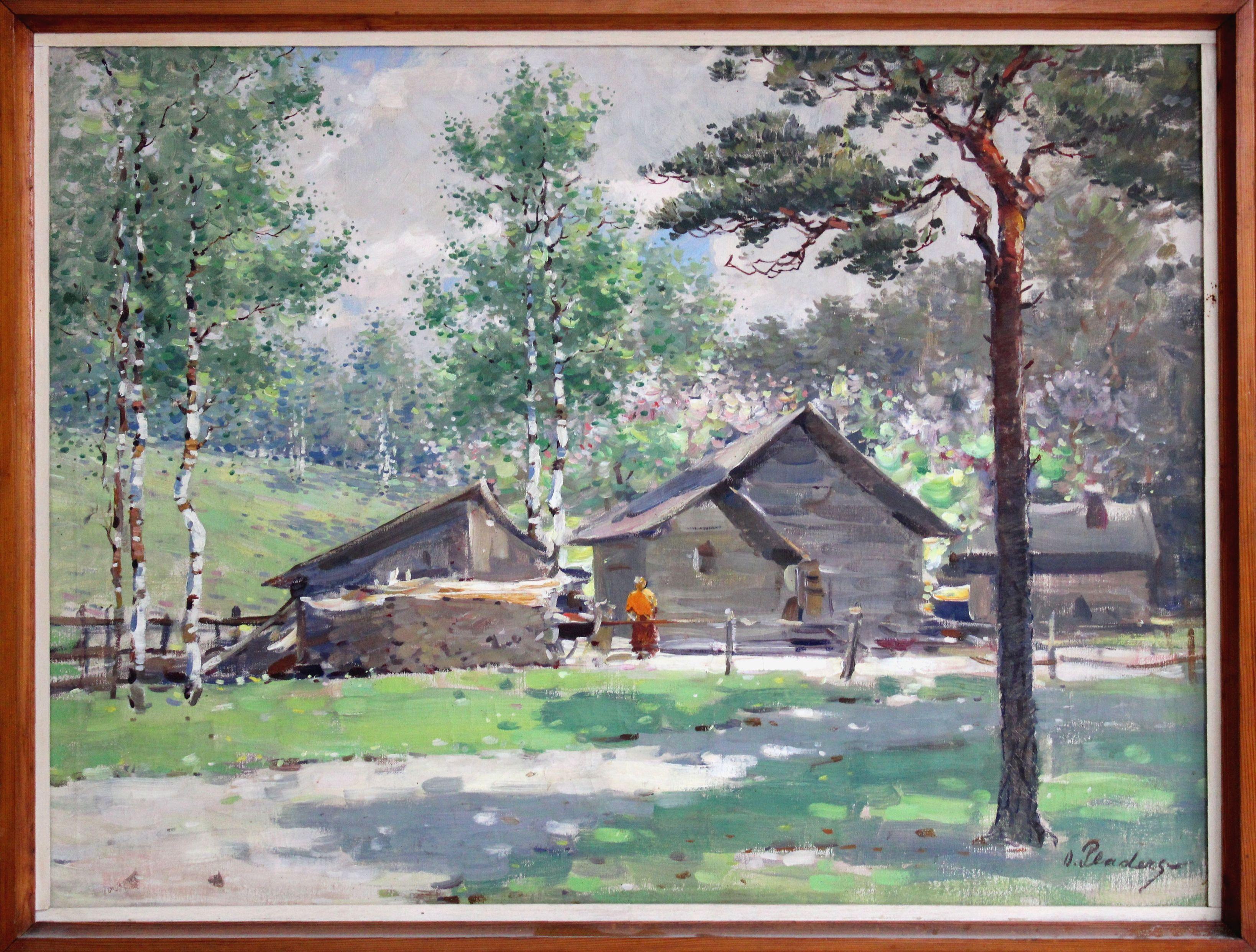 Country yard in spring. Oil on canvas, 74x96 cm - Painting by Oto Plader