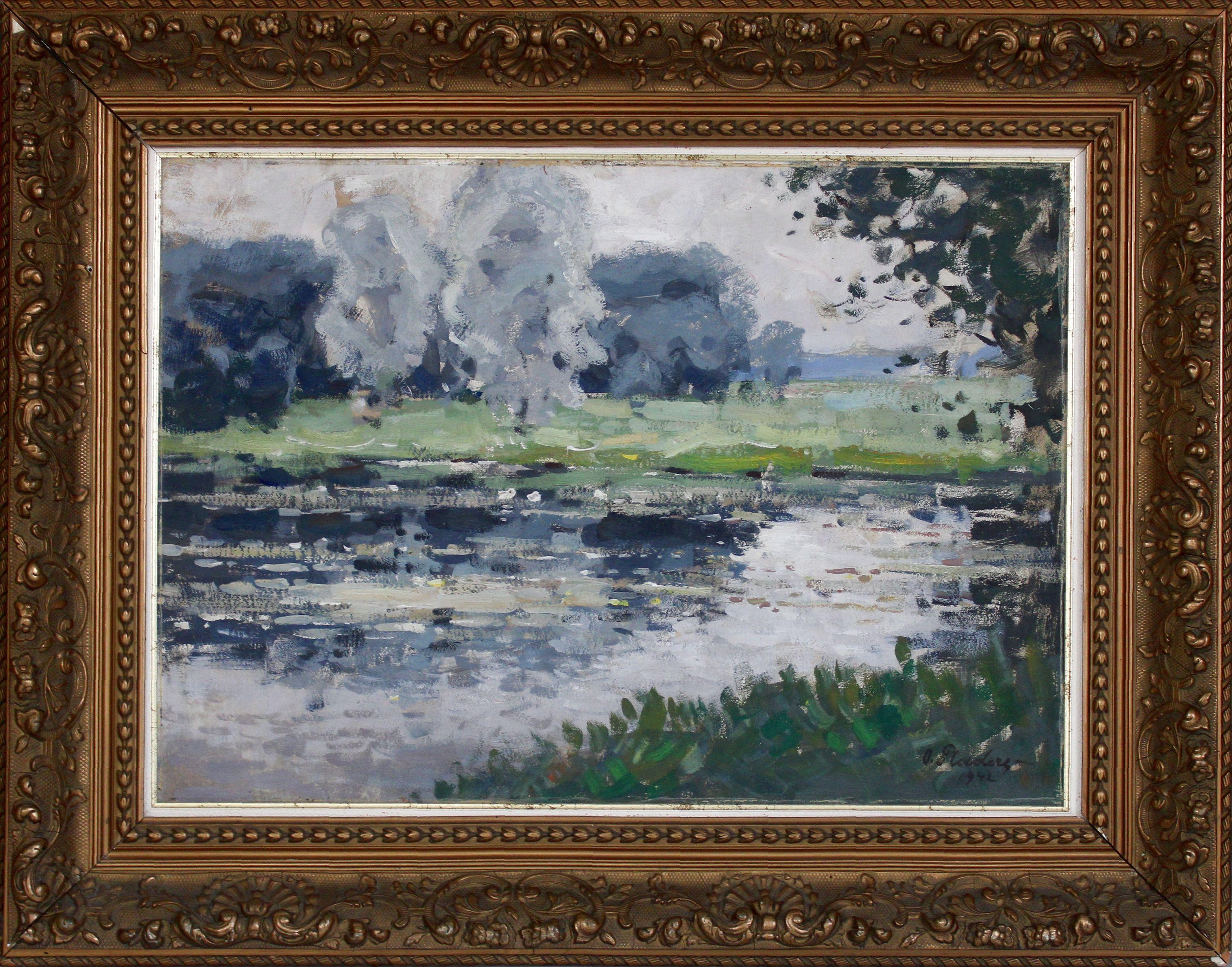 Landschaft. 1942, Pappe, Öl, 50x69,5 cm – Painting von Oto Plader