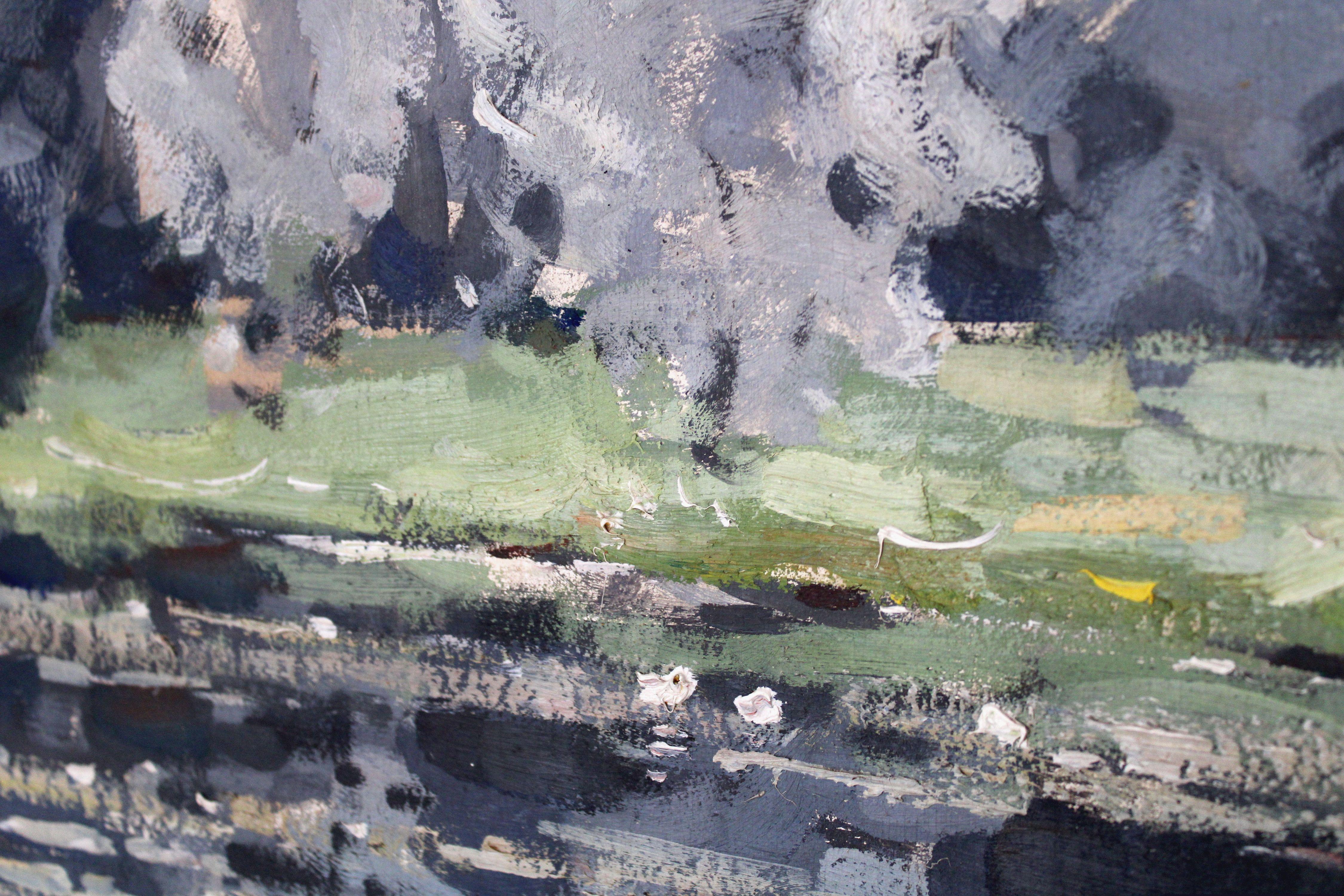 Landschaft. 1942, Pappe, Öl, 50x69,5 cm (Grau), Landscape Painting, von Oto Plader