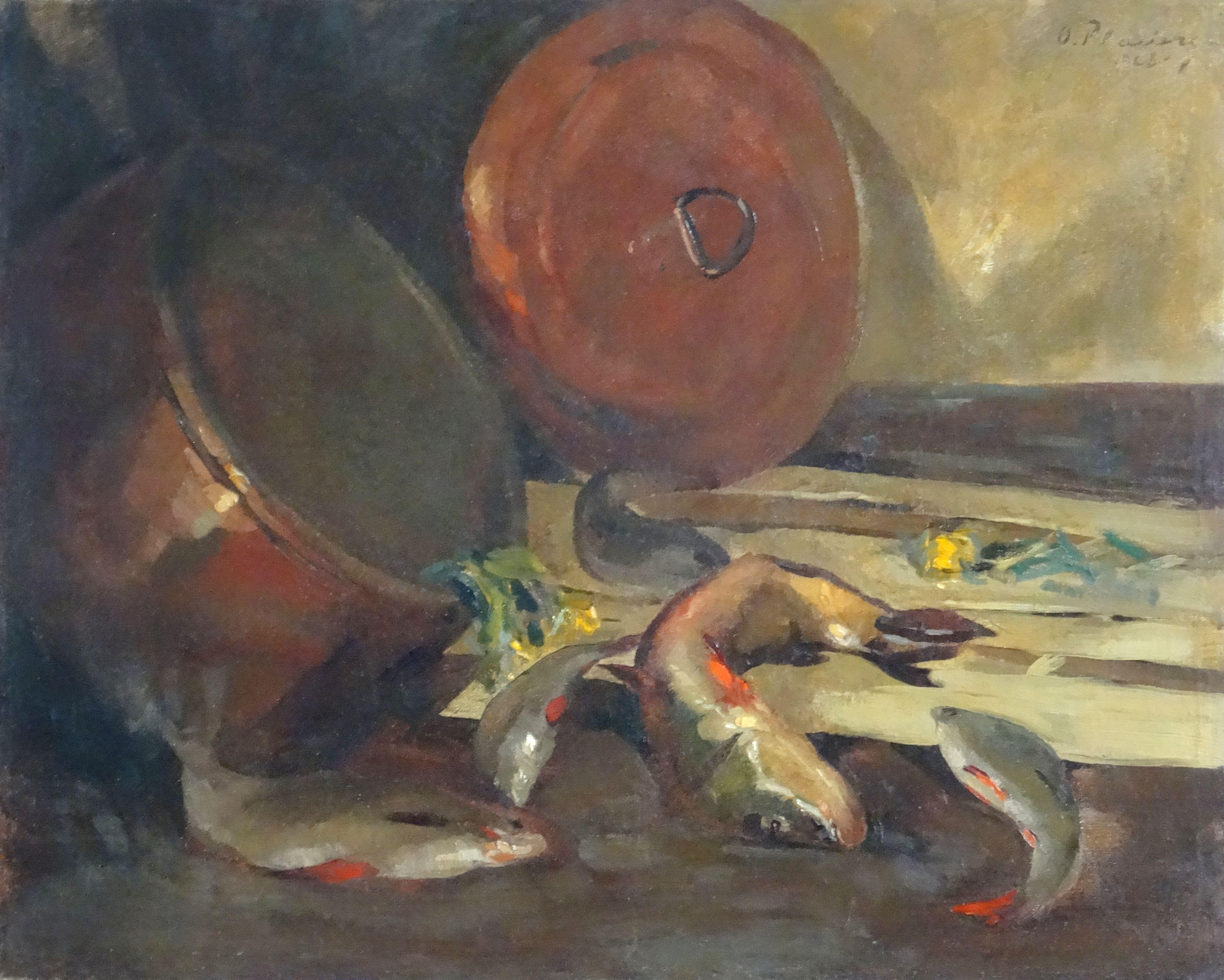 Oto Plader Still-Life Painting - Still life with fish and saucepan  1928, oil on canvas, 54x68 cm