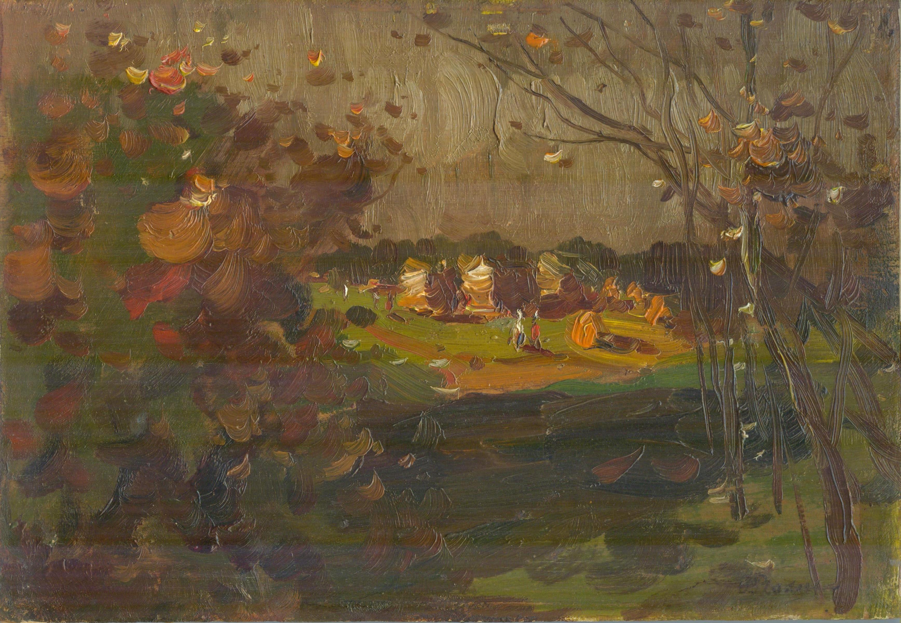 Oto Plader Landscape Painting - Study of Autumn, 1949, oil on plywood, 20, 5x29, 5 cm
