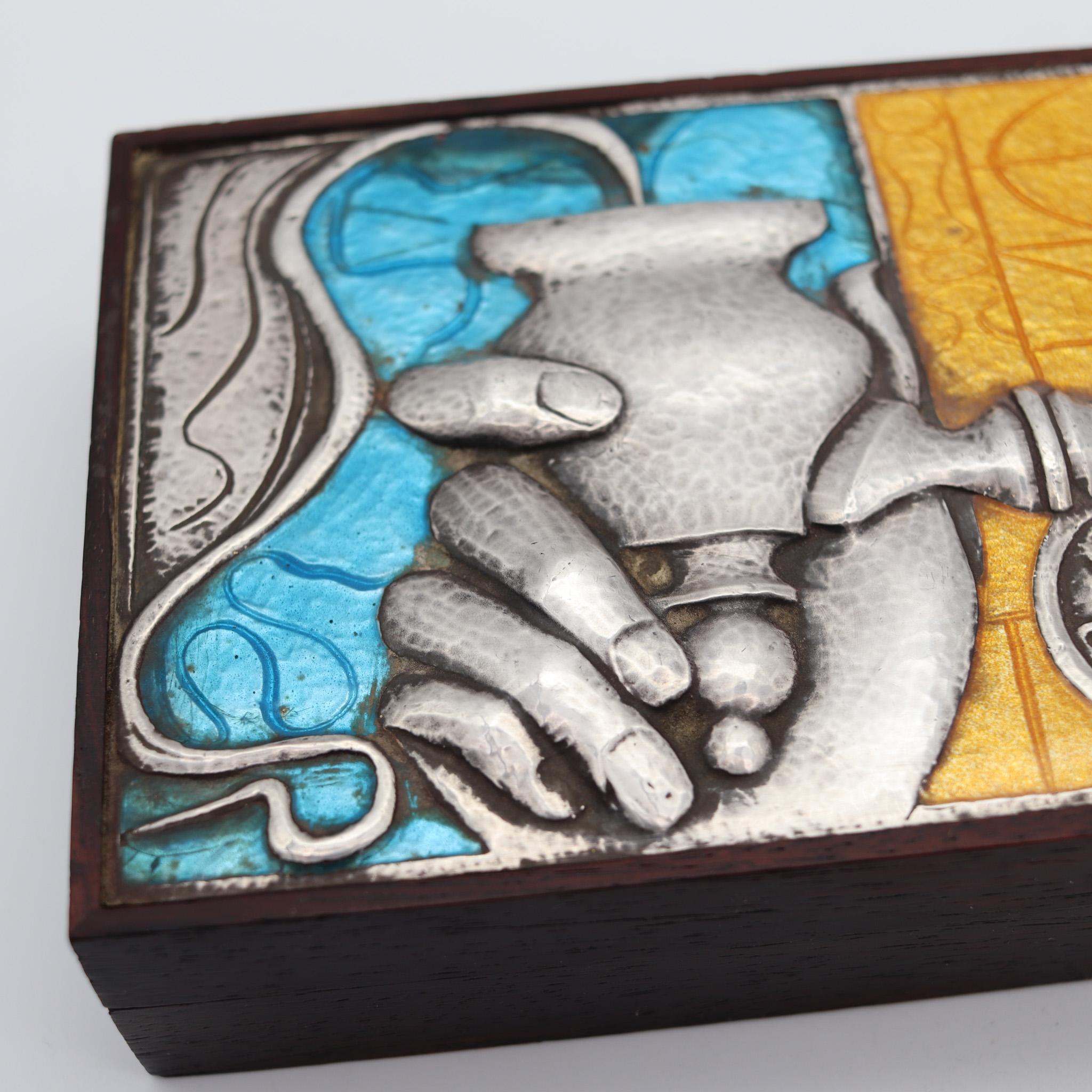 OTTAVIANI Caja de cedro modernista 1960 de plata de ley 925 con diseños esmaltados Moderno de mediados de siglo en venta