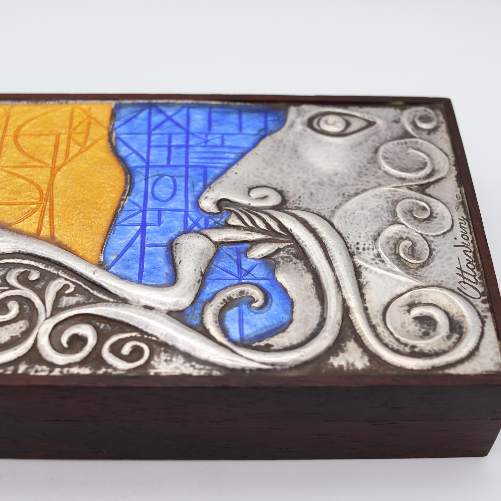 OTTAVIANI Caja de cedro modernista 1960 de plata de ley 925 con diseños esmaltados Italiano en venta