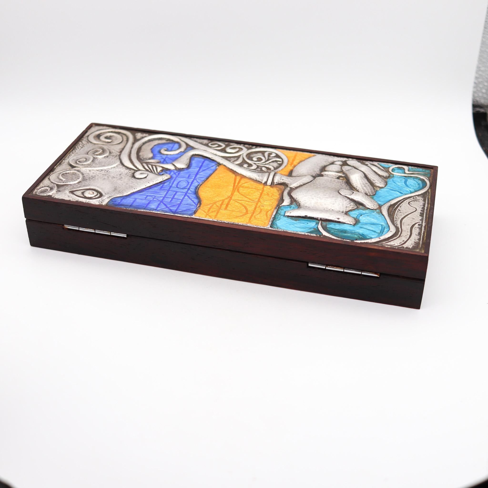 OTTAVIANI Caja de cedro modernista 1960 de plata de ley 925 con diseños esmaltados en Excelente estado para la venta en Miami, FL